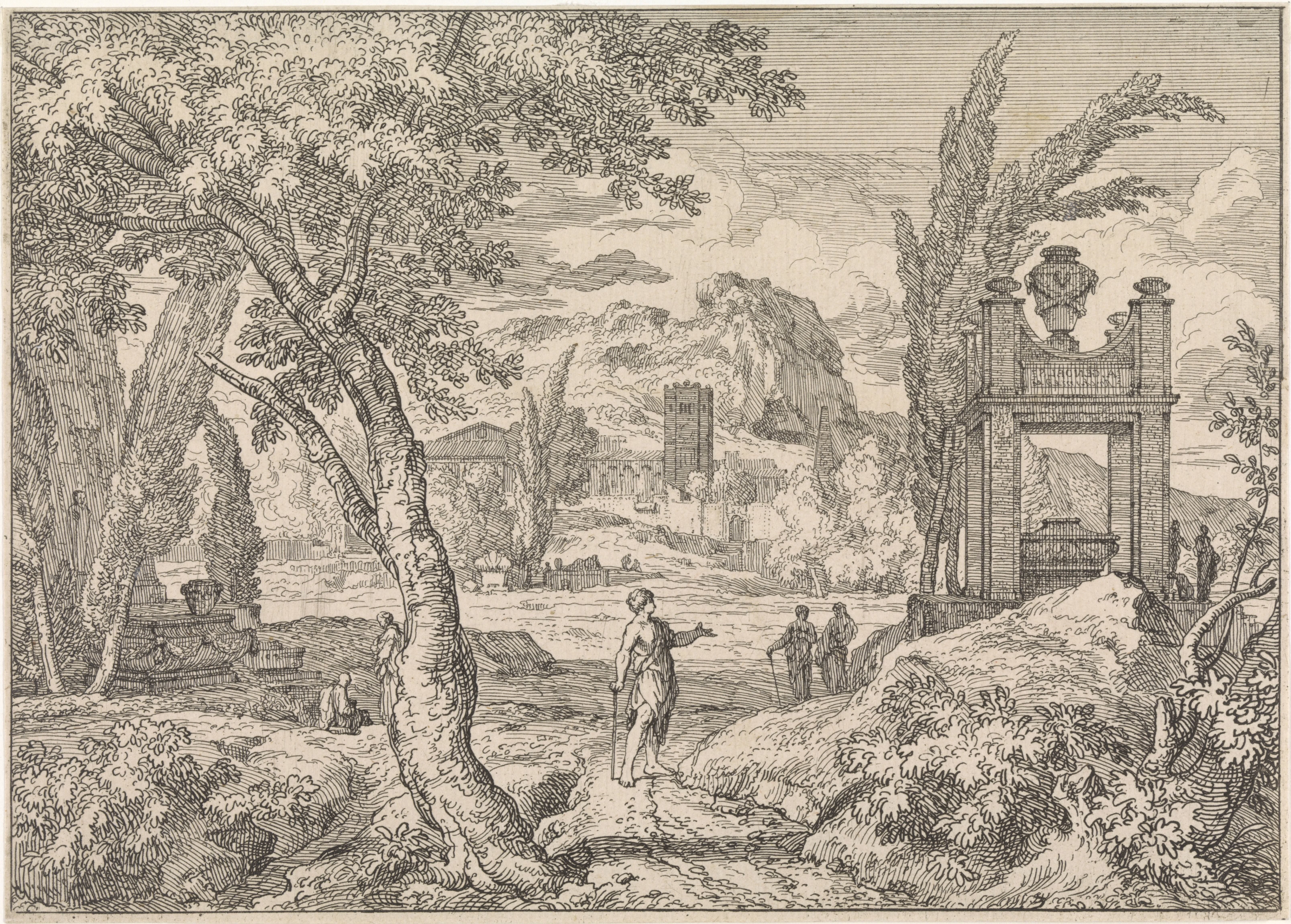 Arcadisch landschap met mausoleum