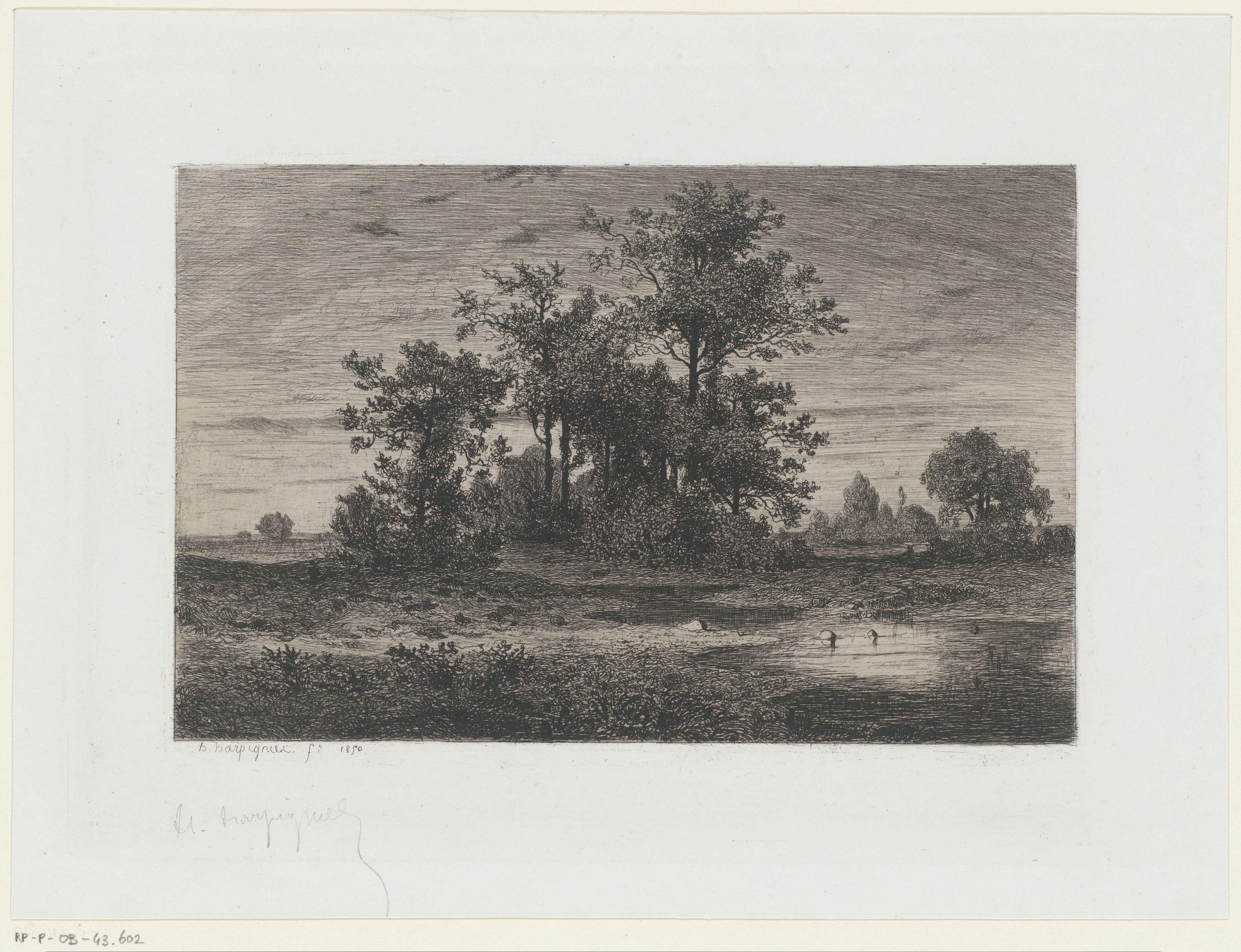 Landschap met een plas voor een boompartij