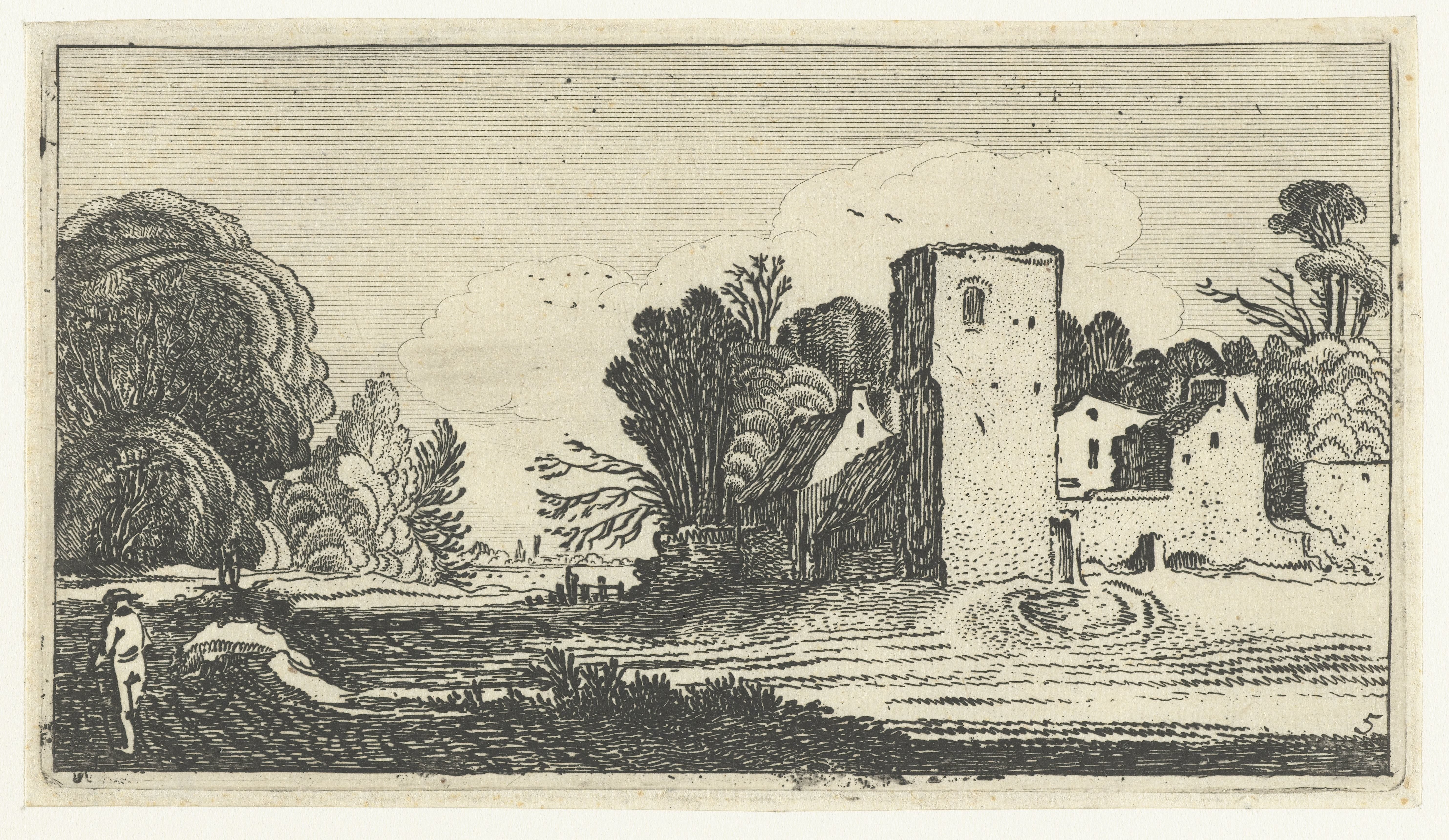 Landschap met vierkante toren bij huizen
