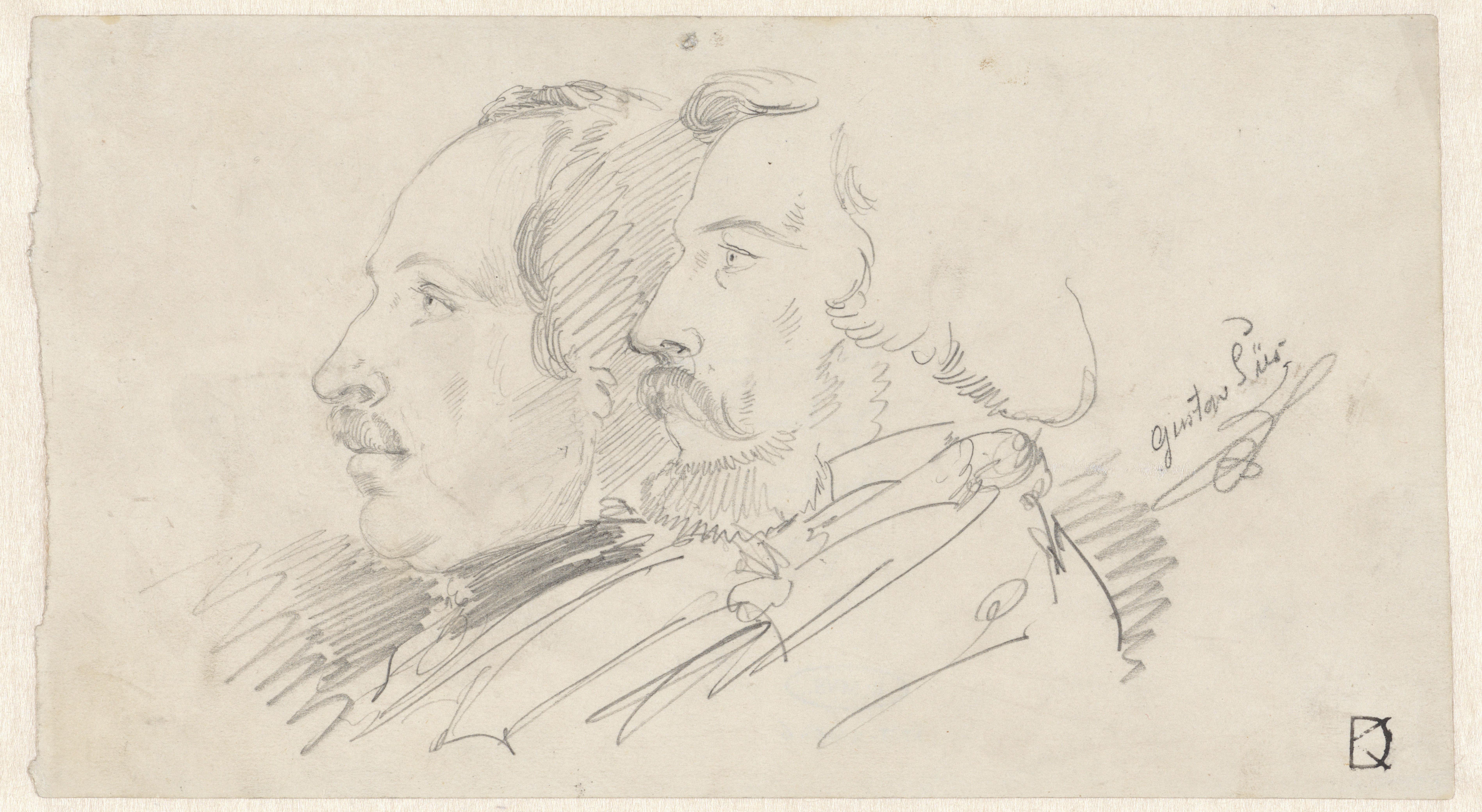 Portretten van twee mannen, en profil naar links, de rechtse man is kunstschilder en literator Gustav Süs