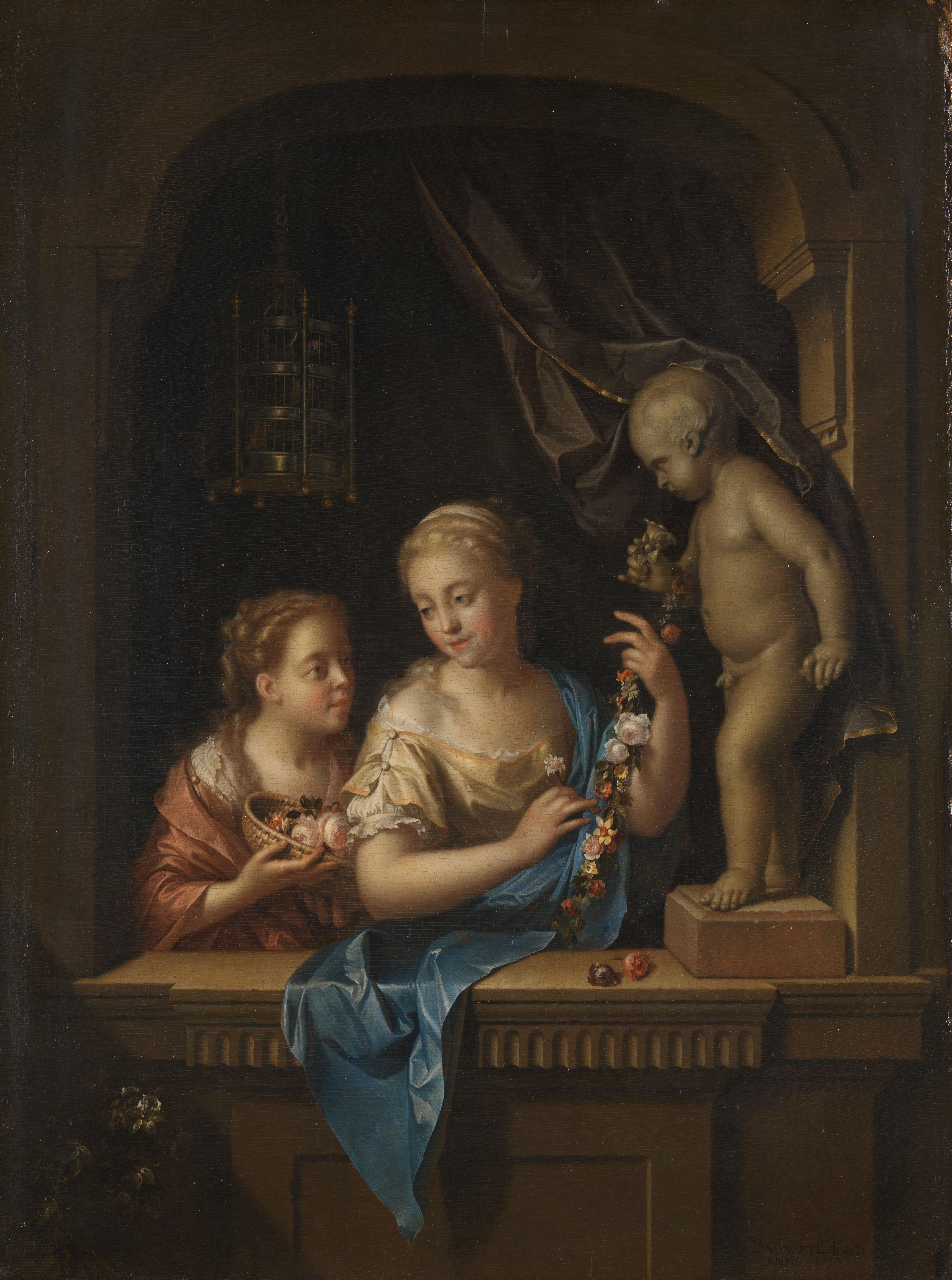 Twee meisjes met bloemen bij een beeld van Cupido
