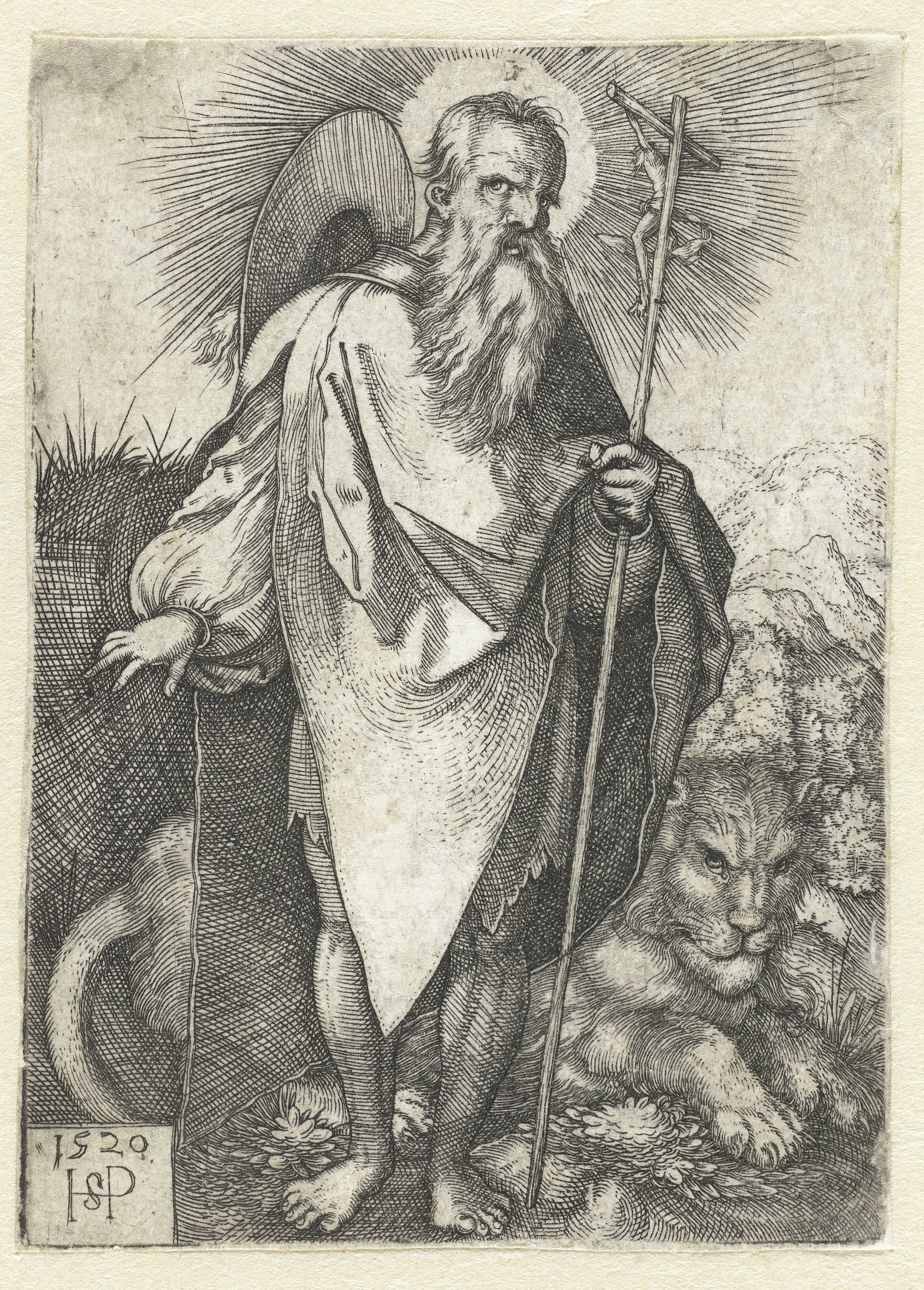 Heilige Hieronymus staand met crucifix en leeuw