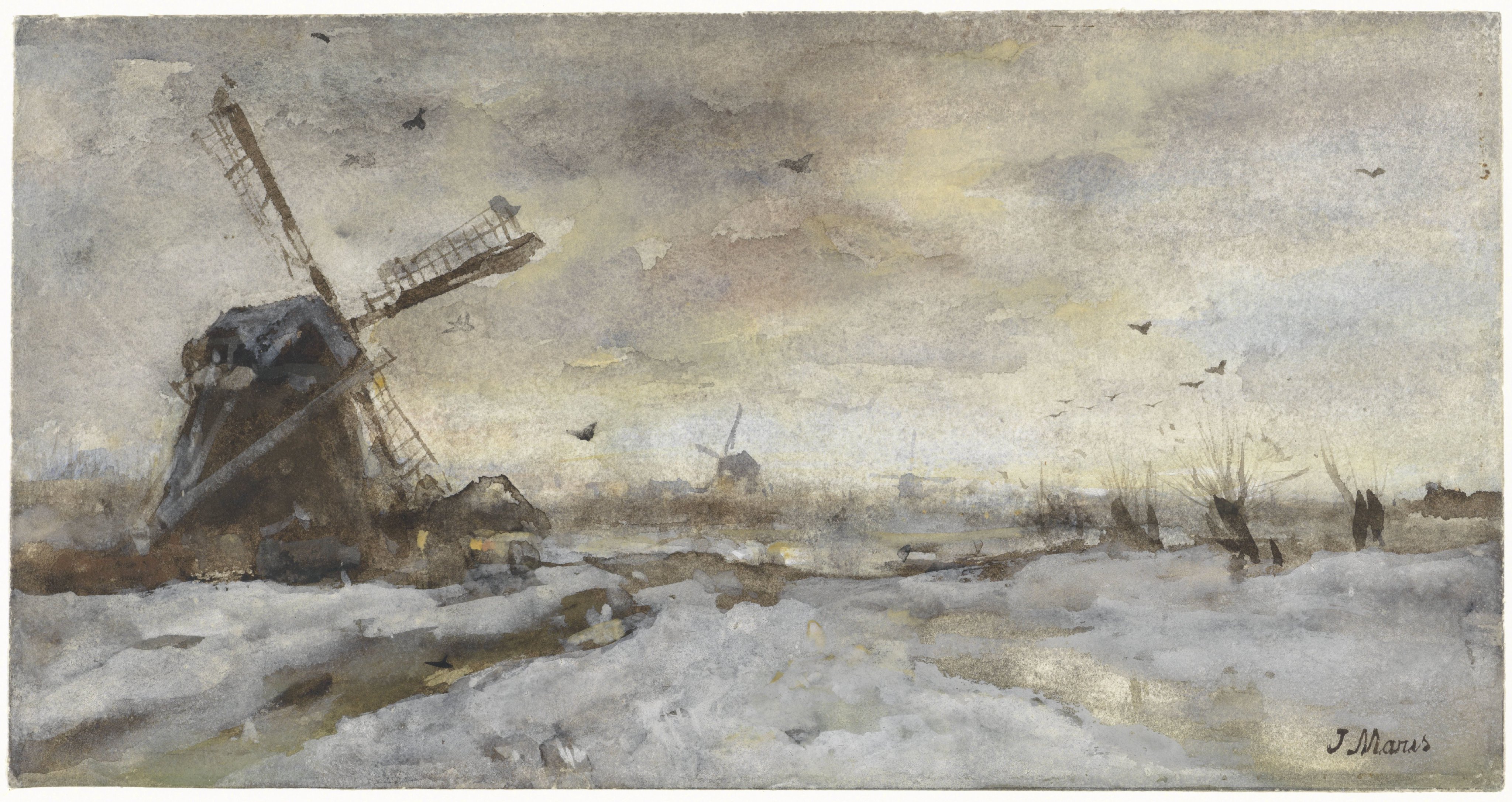 Landschap met molen in de sneeuw