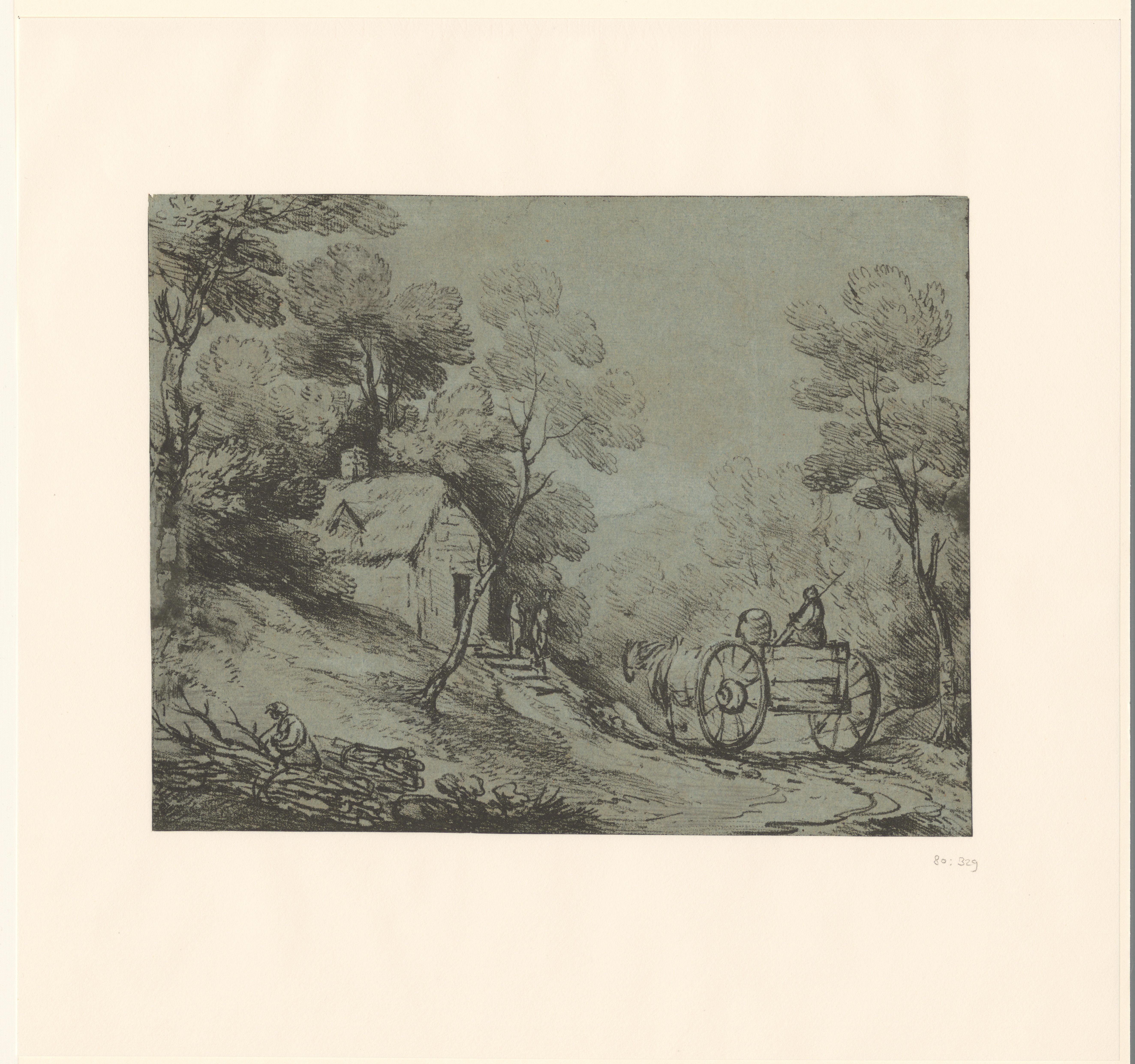 Boslandschap met paard en wagen bij een huis