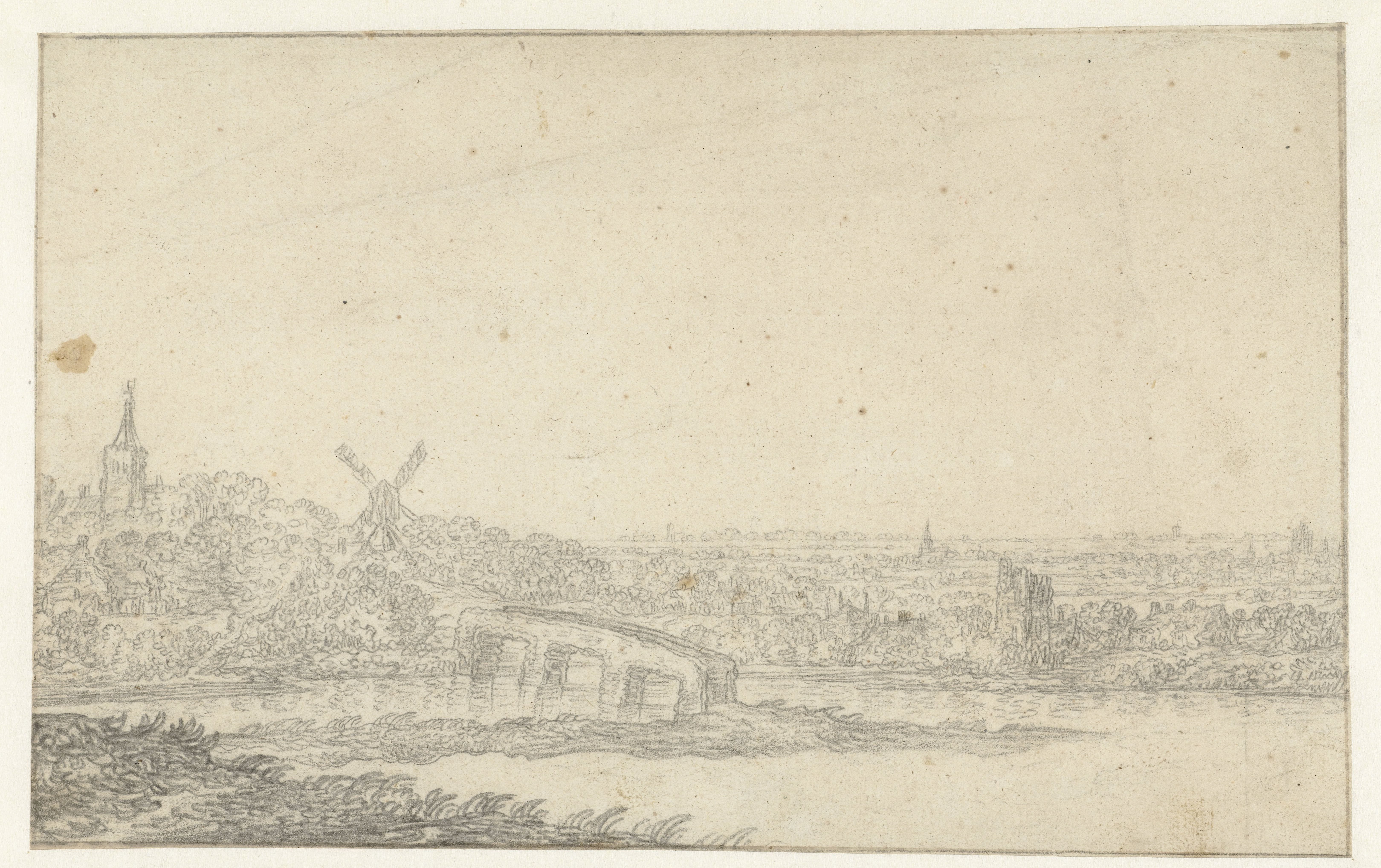 Landschap met een dorp en een stenen brug