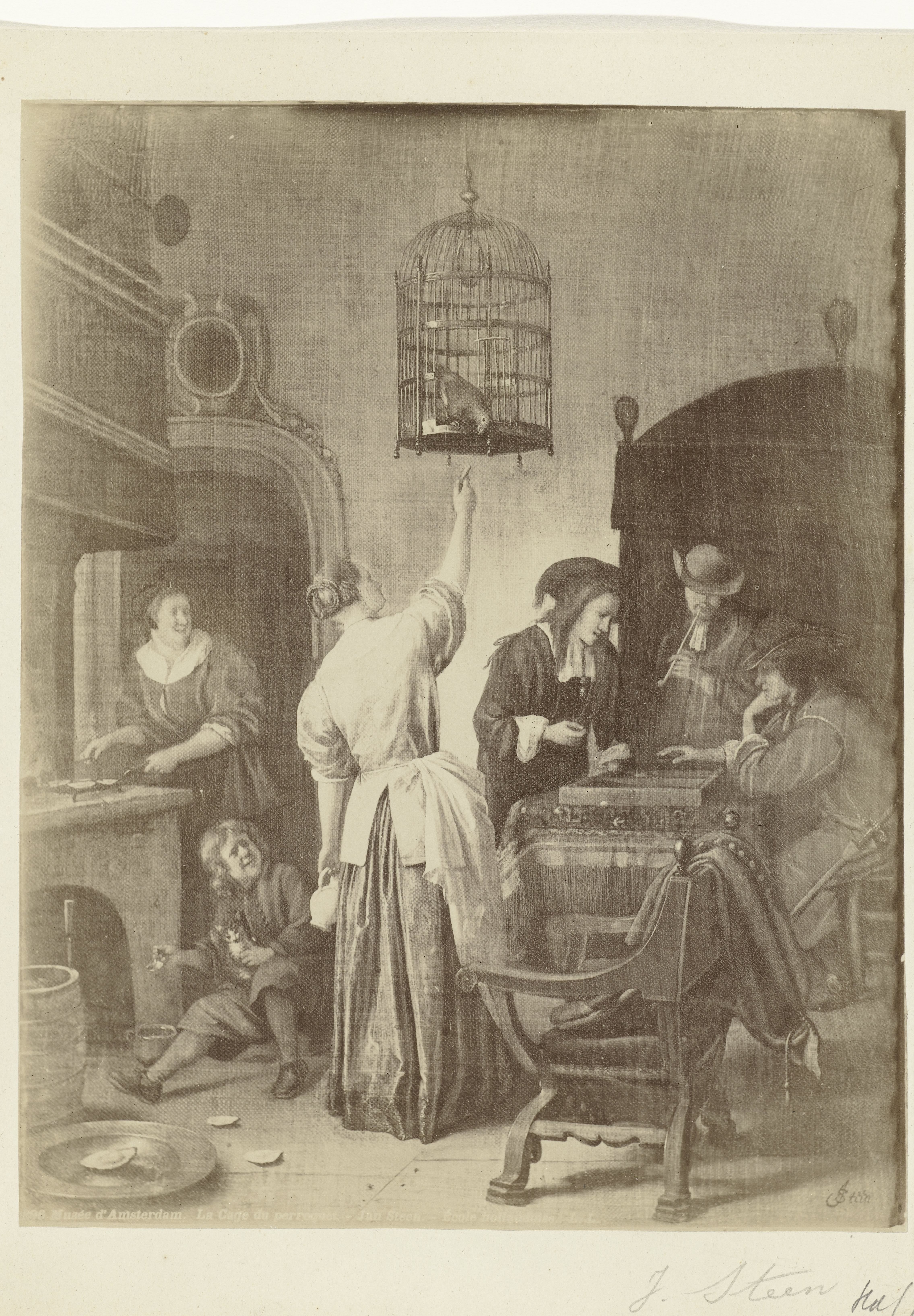 Fotoreproductie van het schilderij De papegaaiekooi van Jan Steen