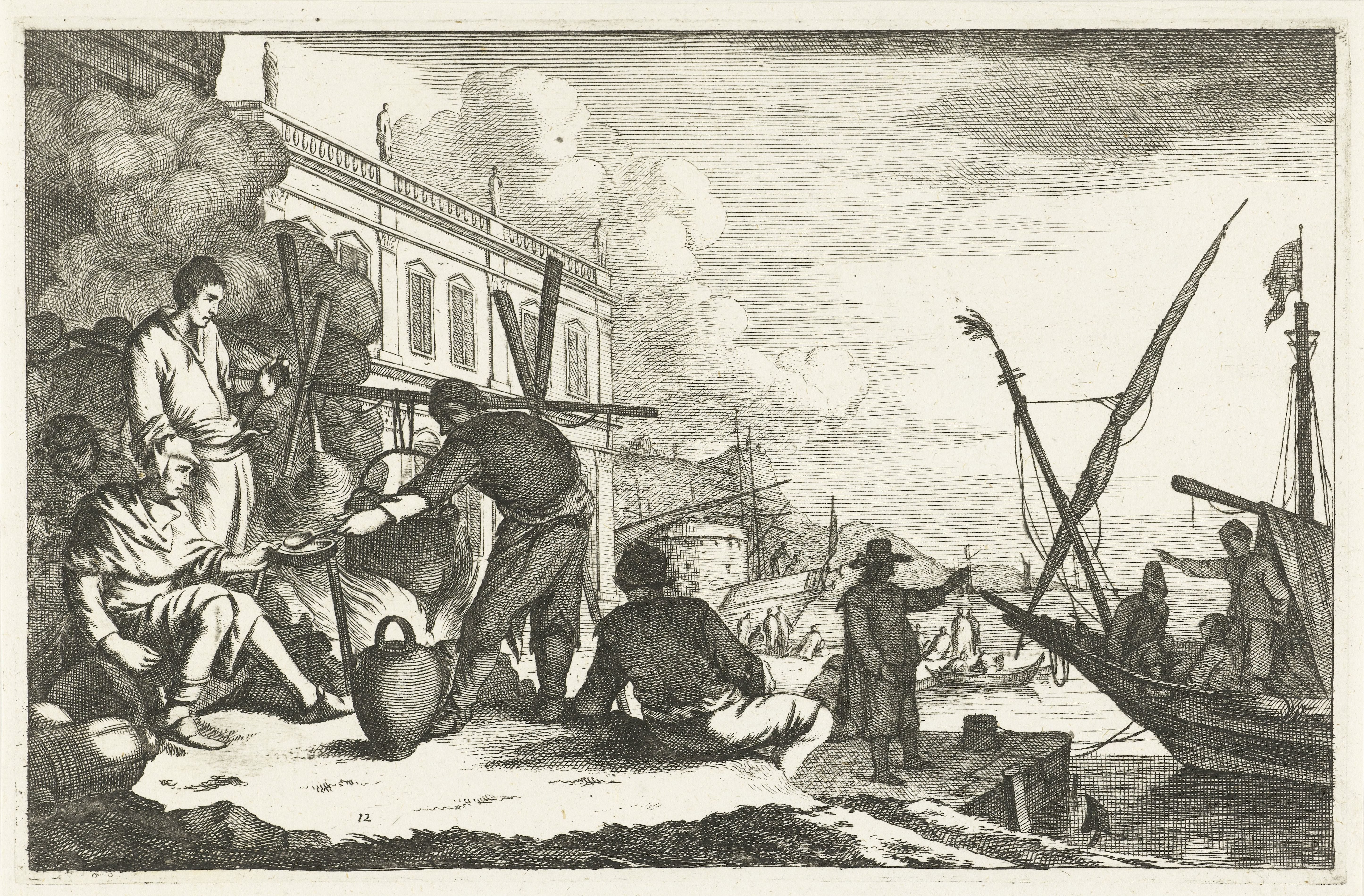 Haven met kooplieden bij vuur
