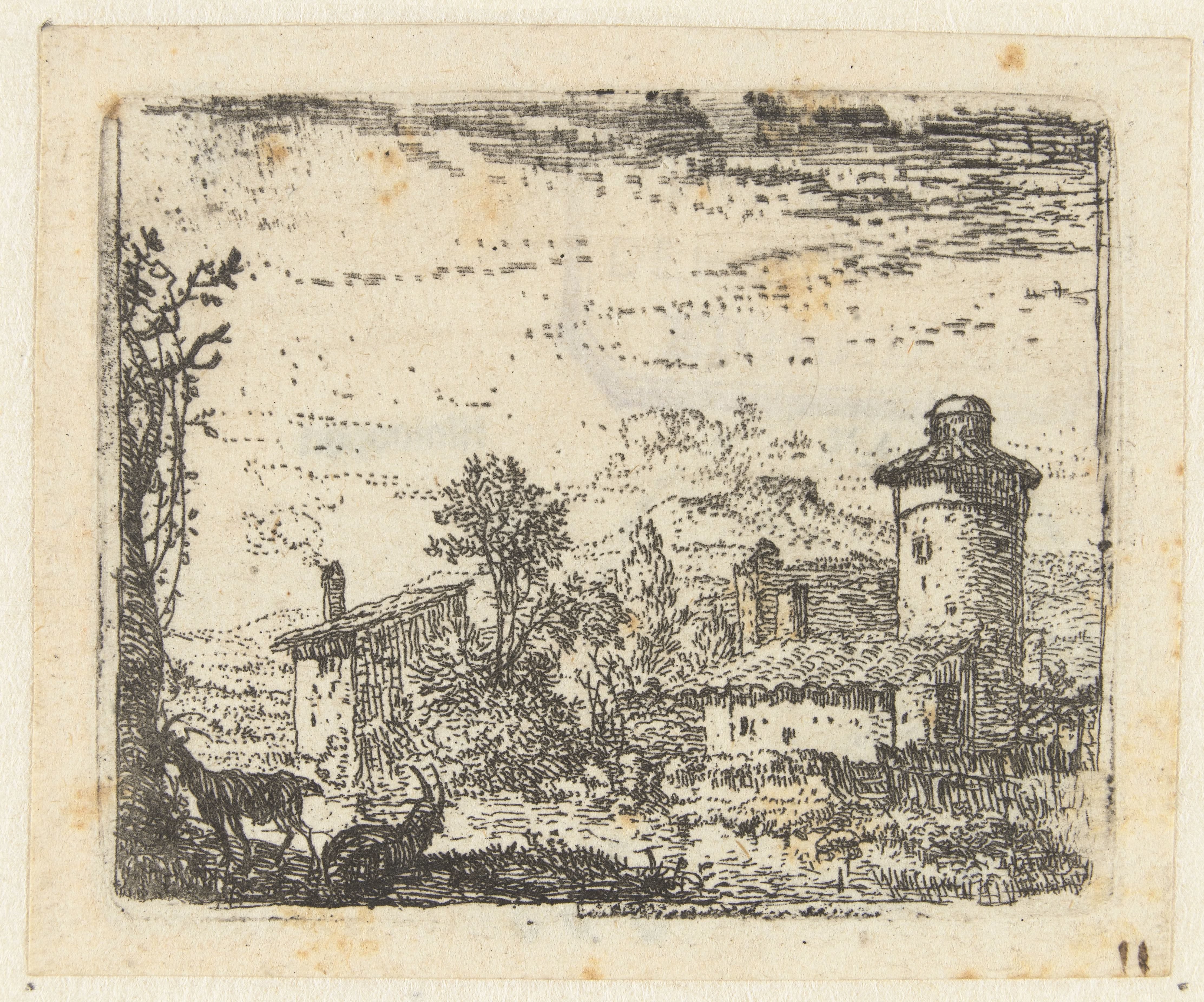 Italianiserend landschap met ronde toren en twee geiten