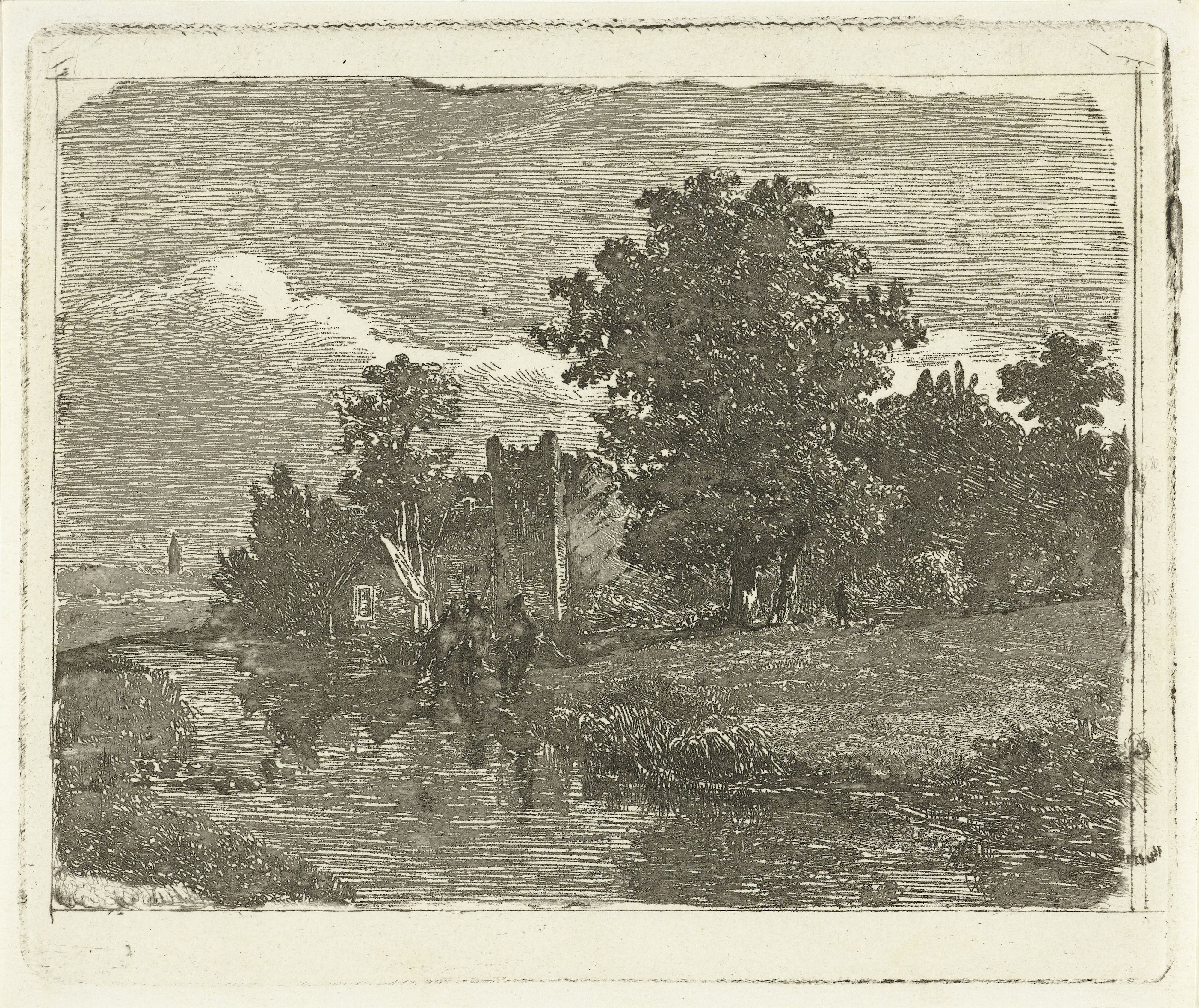 Landschap met een rivier en drie vissende mannen aan de waterkant
