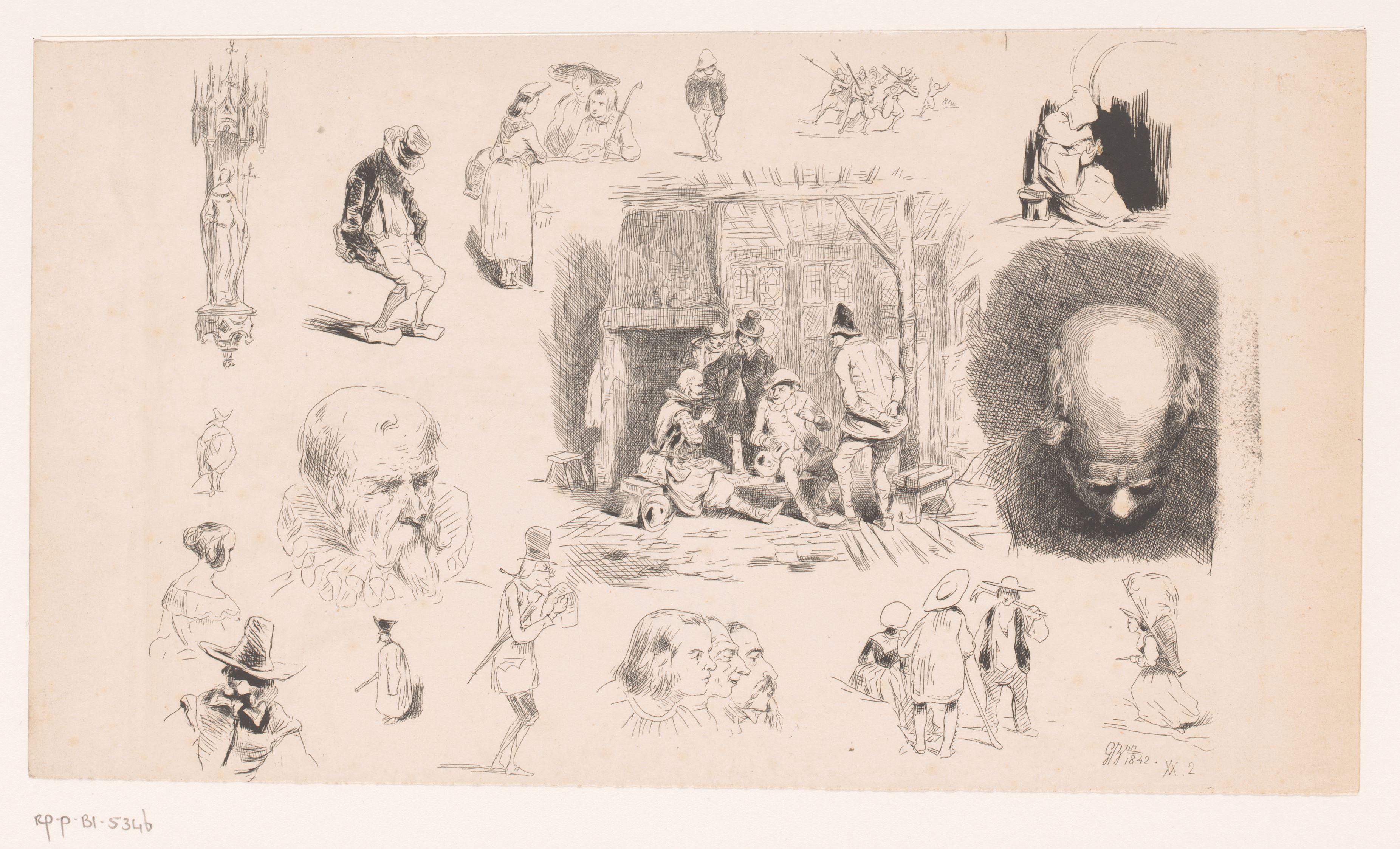 Studies van figuren, een Mariabeeld en een interieur