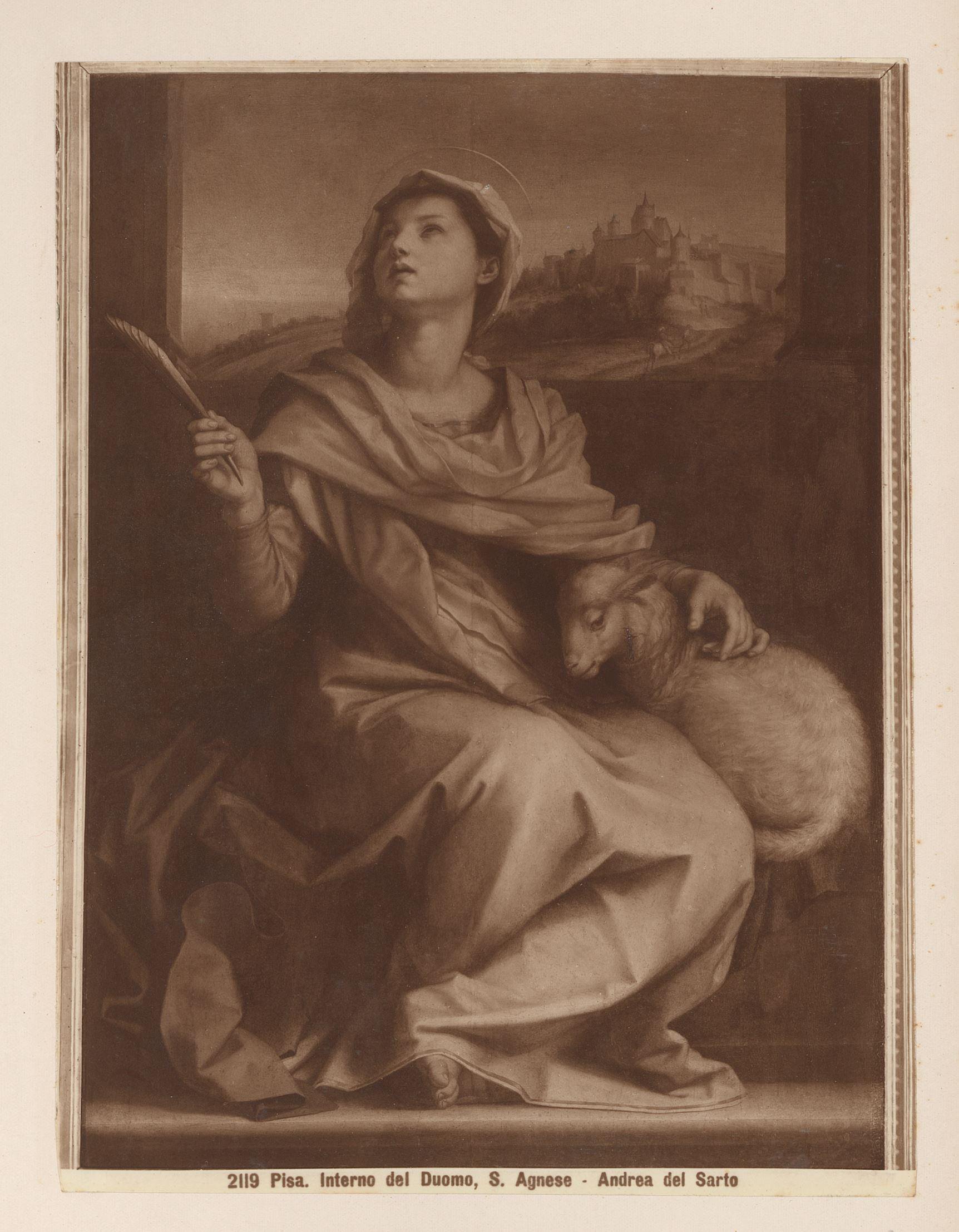 Fotoreproductie van een schilderij van de heilige Agnes naar Andrea del Sarto in de Dom van Pisa, Italië