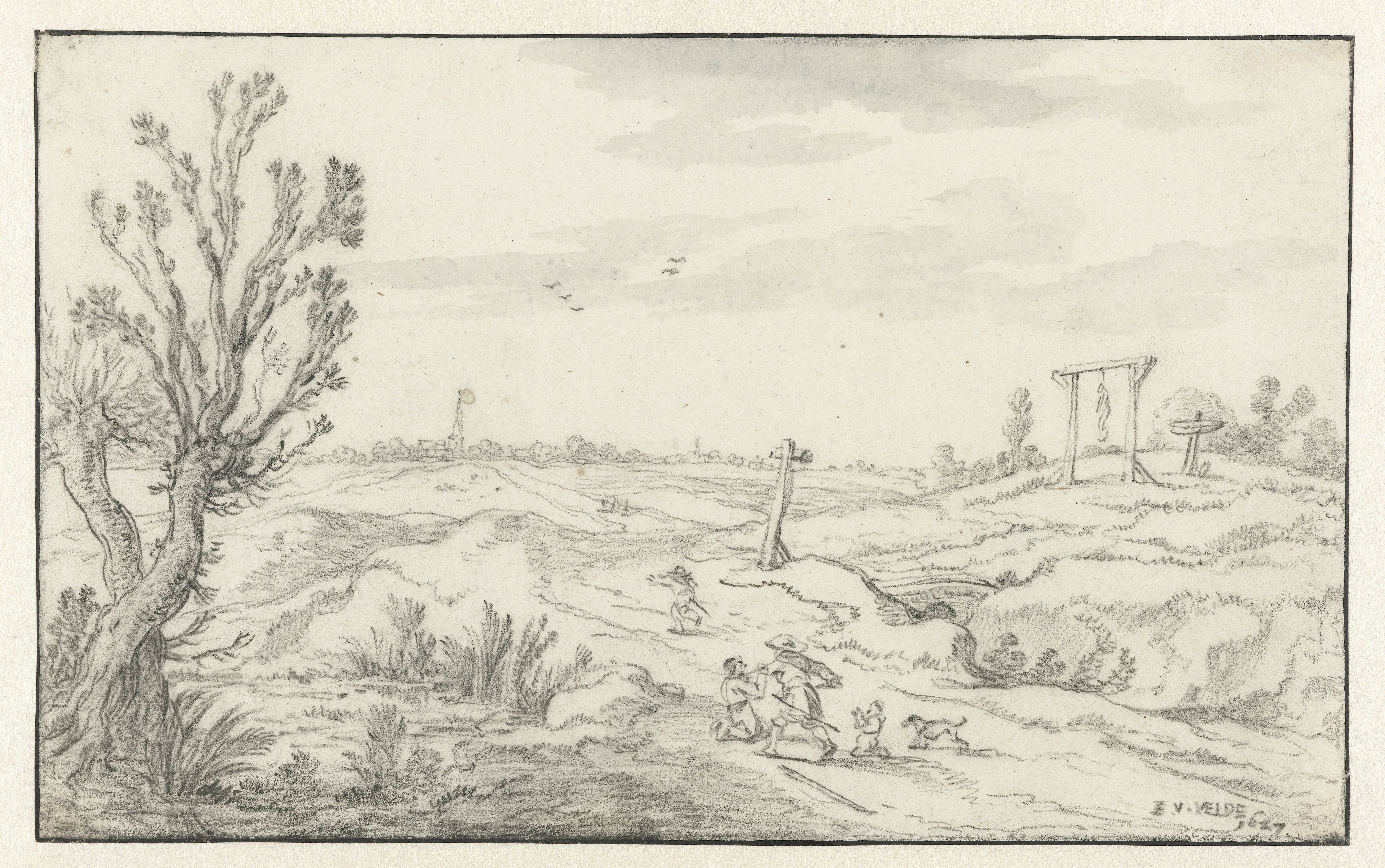 Landschap met wandelaars overvallen door een struikrover