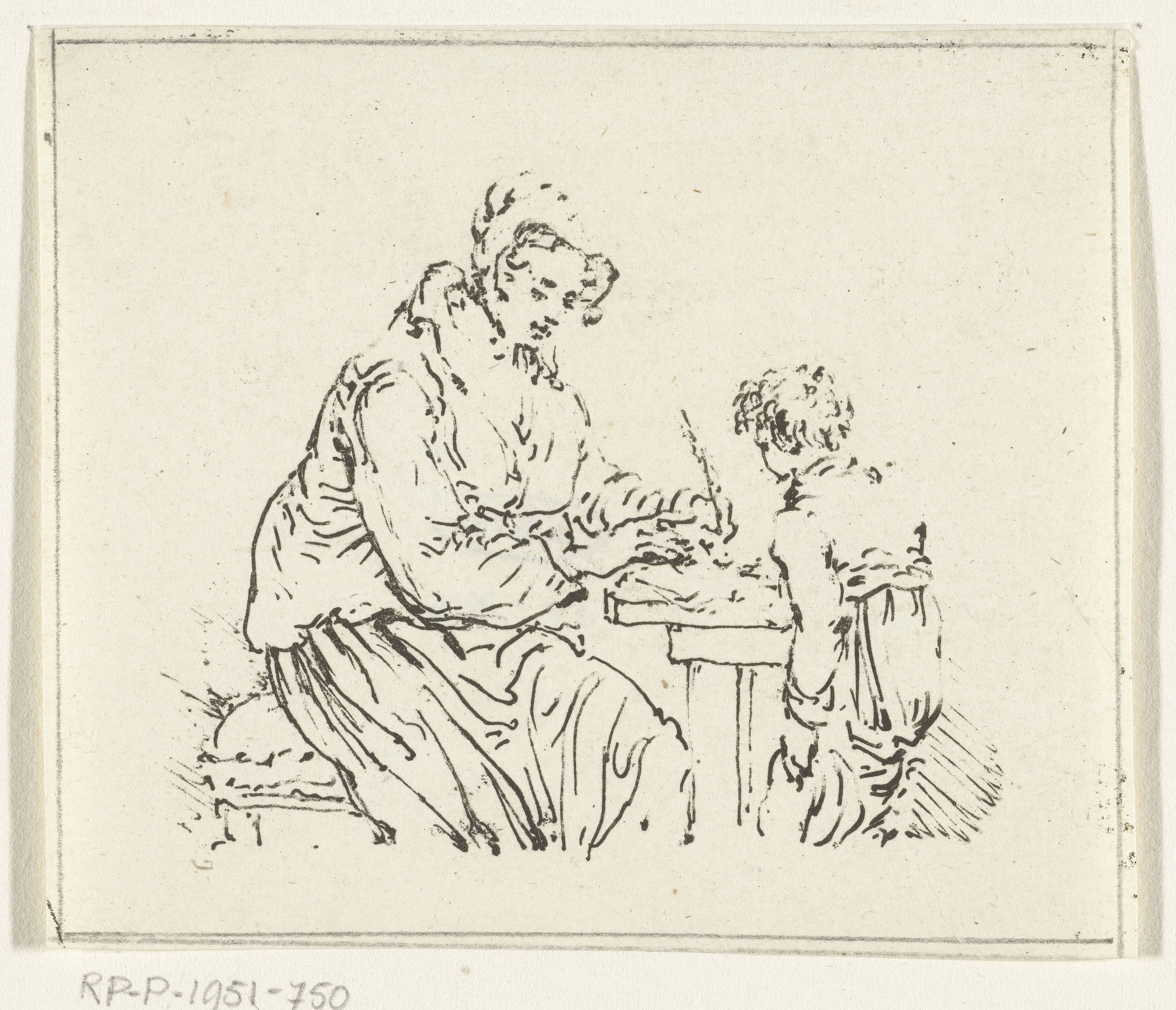 Schrijvende vrouw en staande jongen
