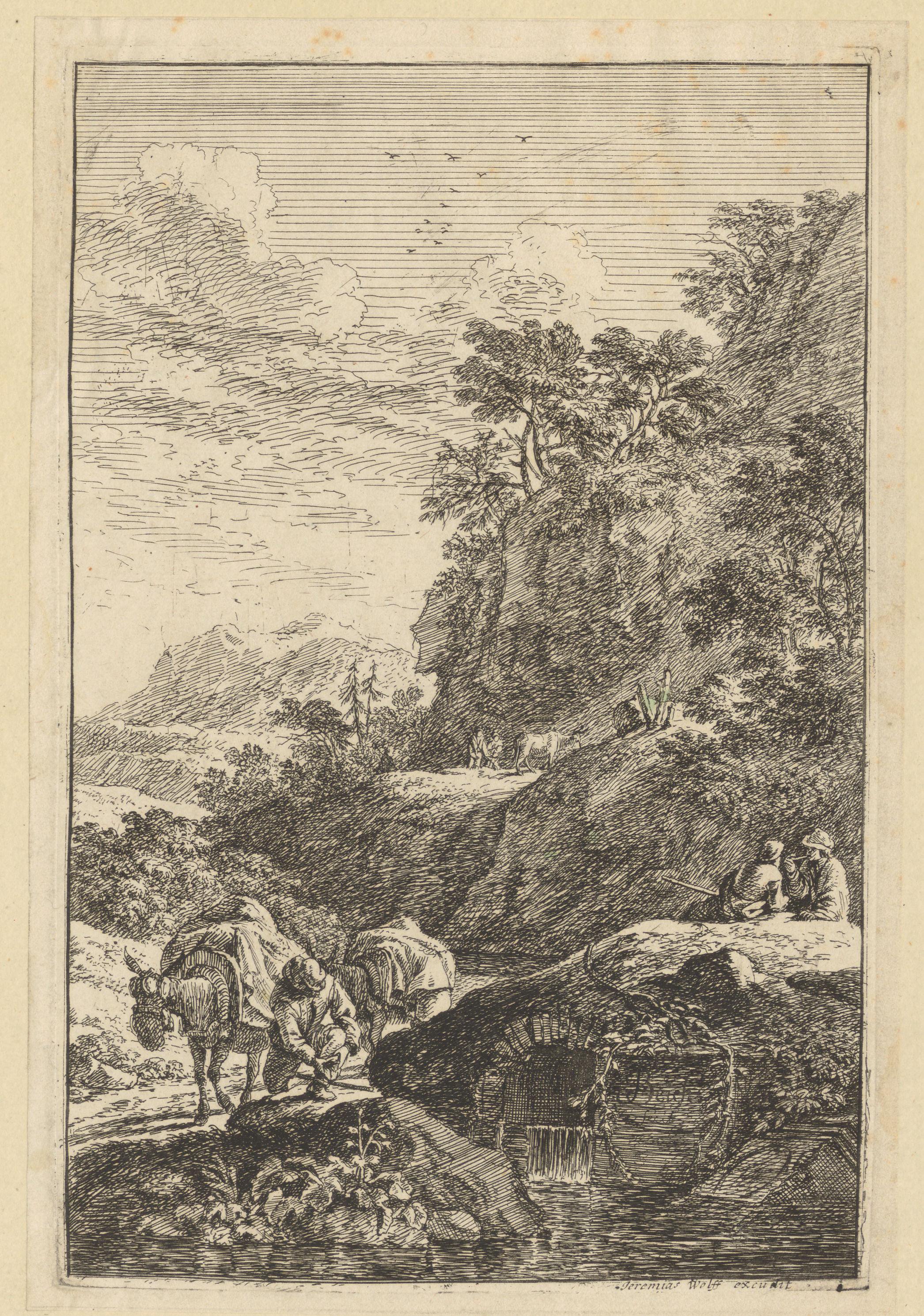 Rotsachtig landschap met een reiziger met twee muildieren