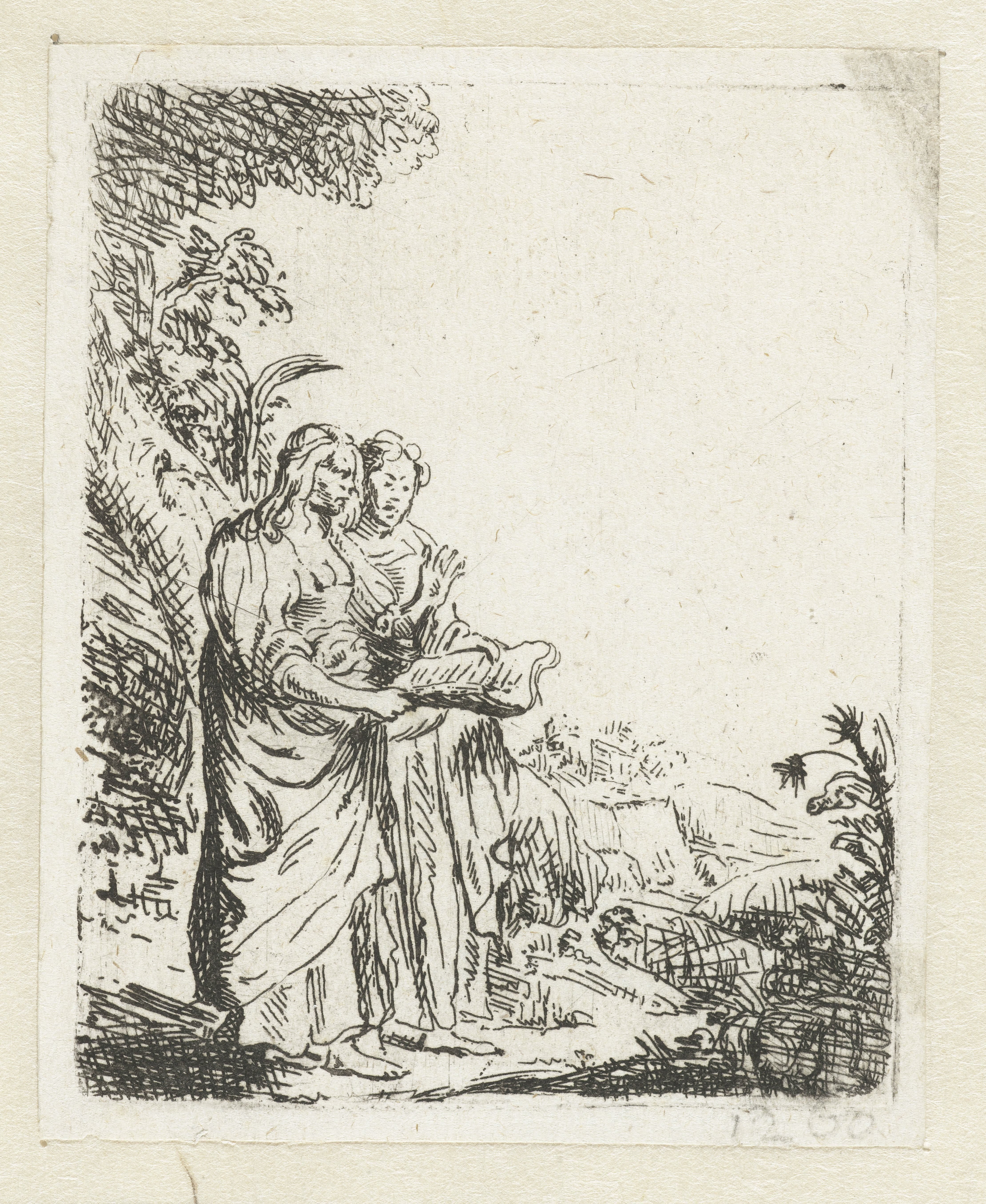 Twee vrouwen met een boek in een landschap