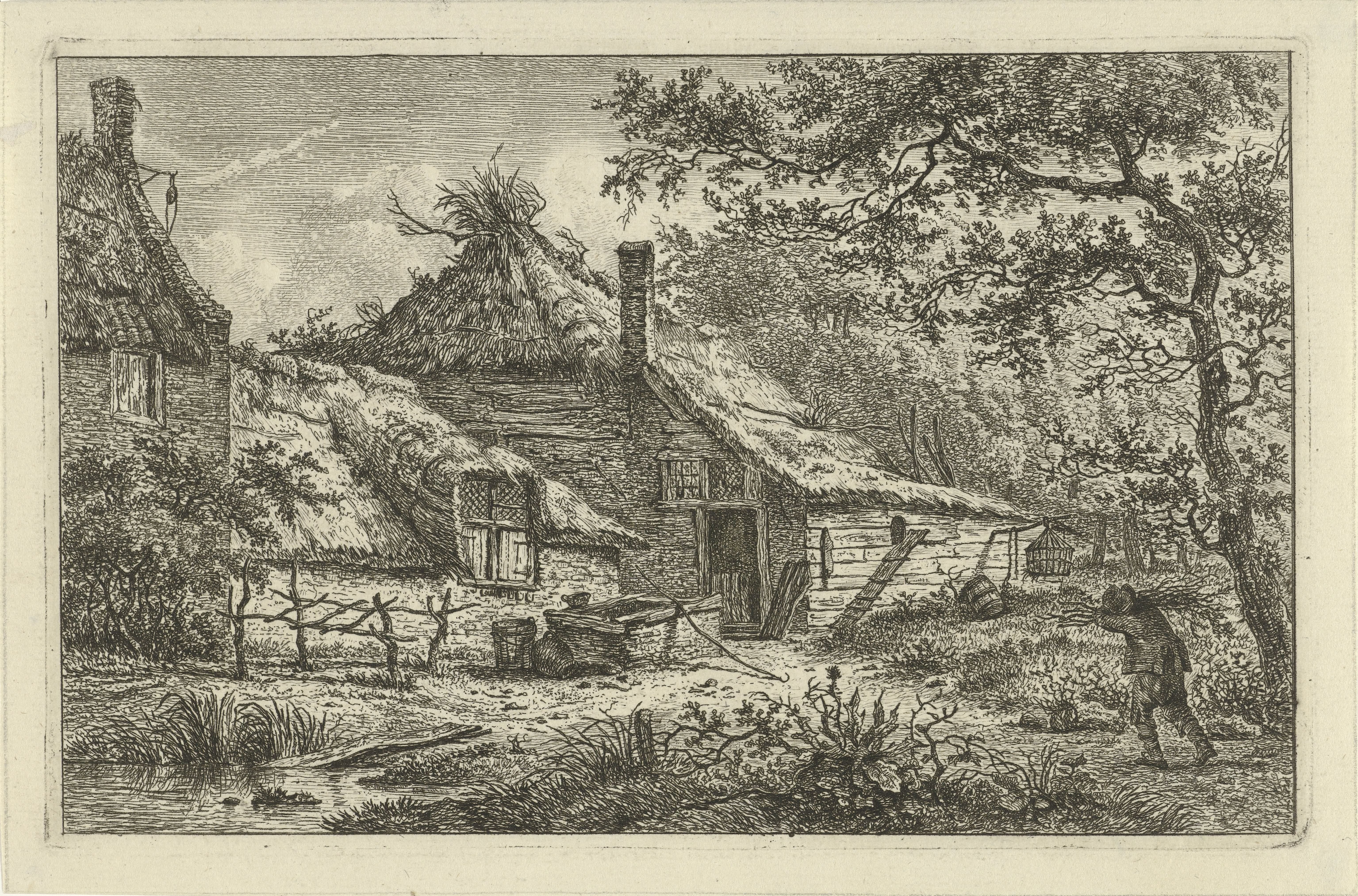 Boerenerf met man met sprokkelhout