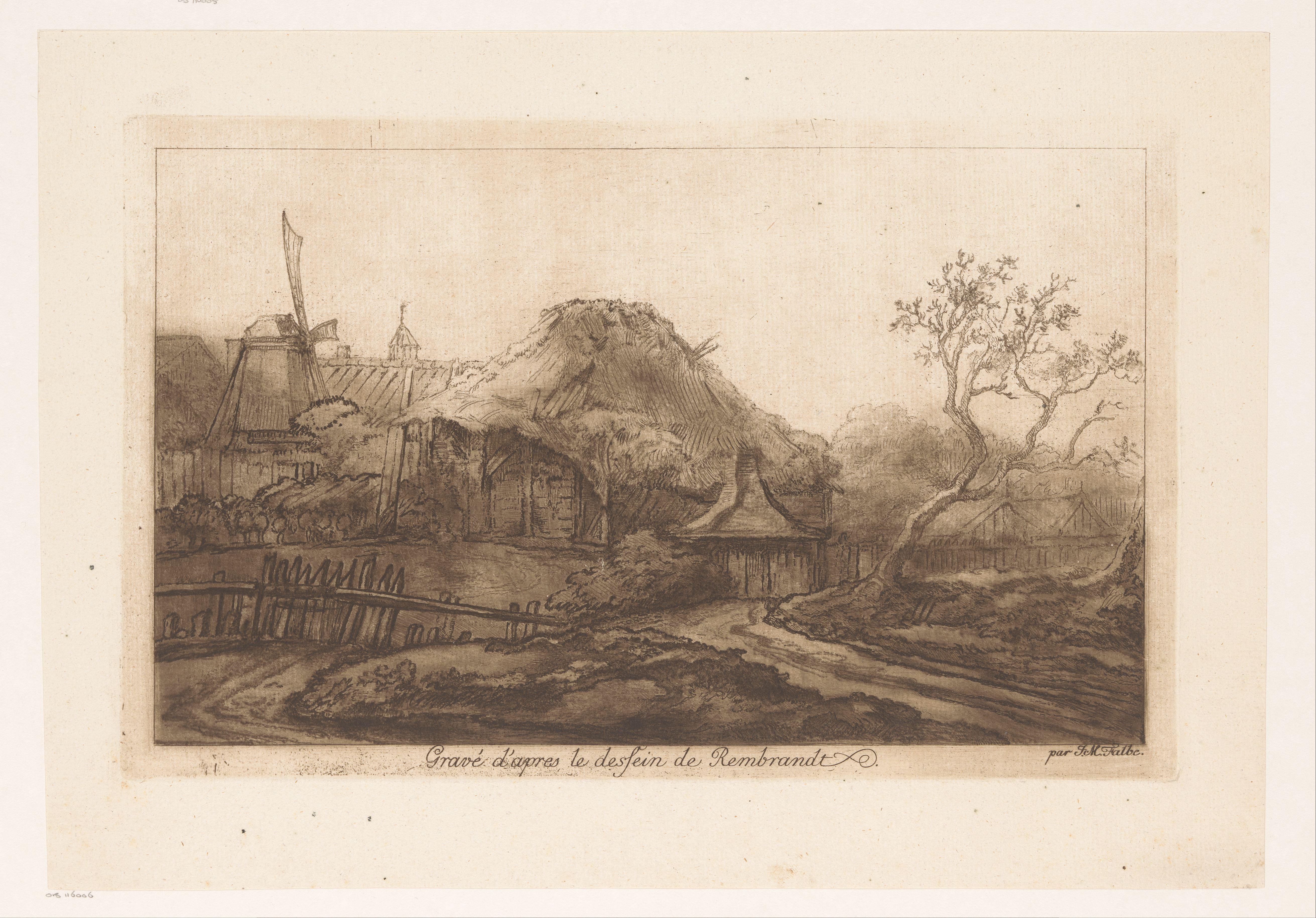Landschap met boerderij en molen