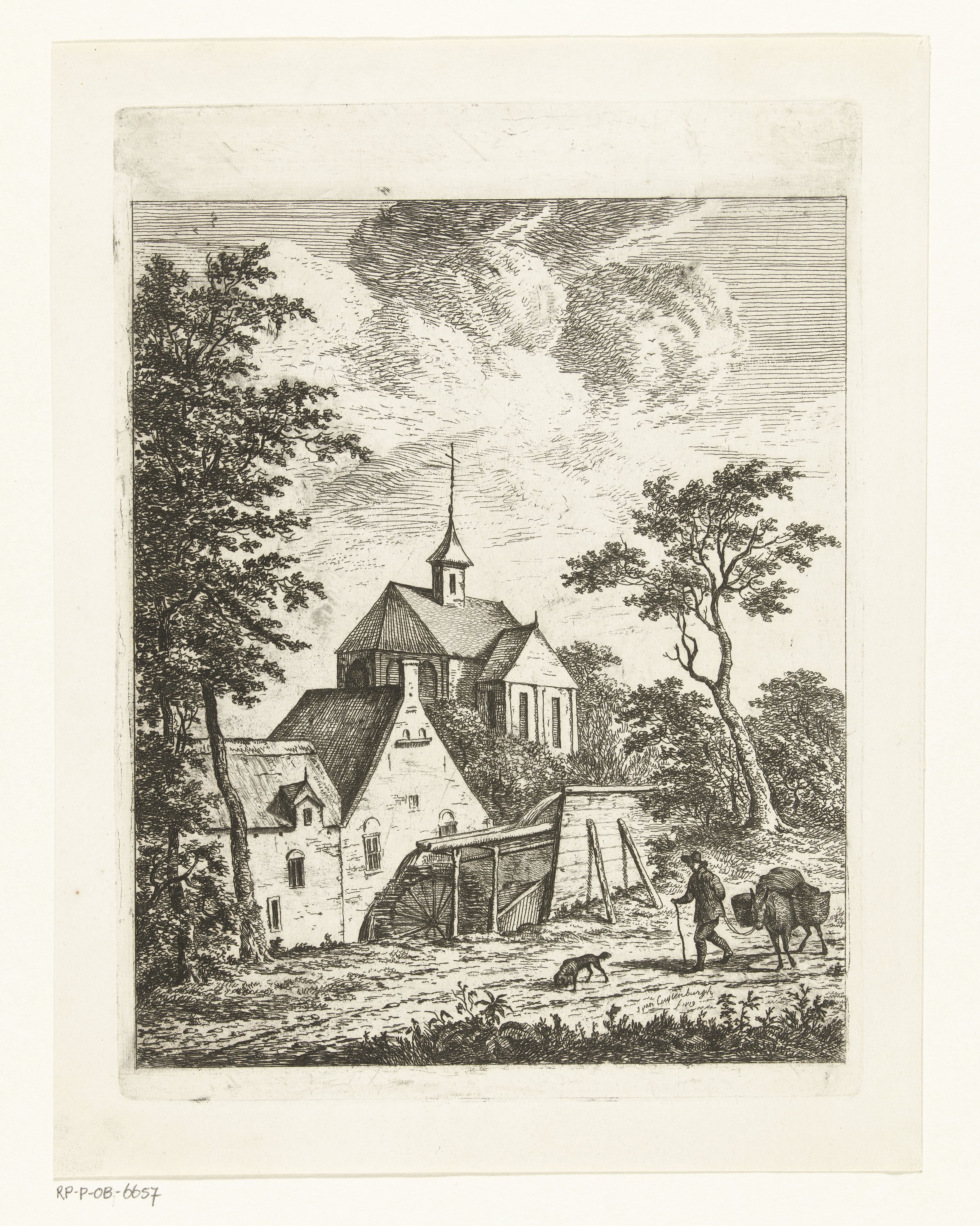 Landschap met kerk en watermolen