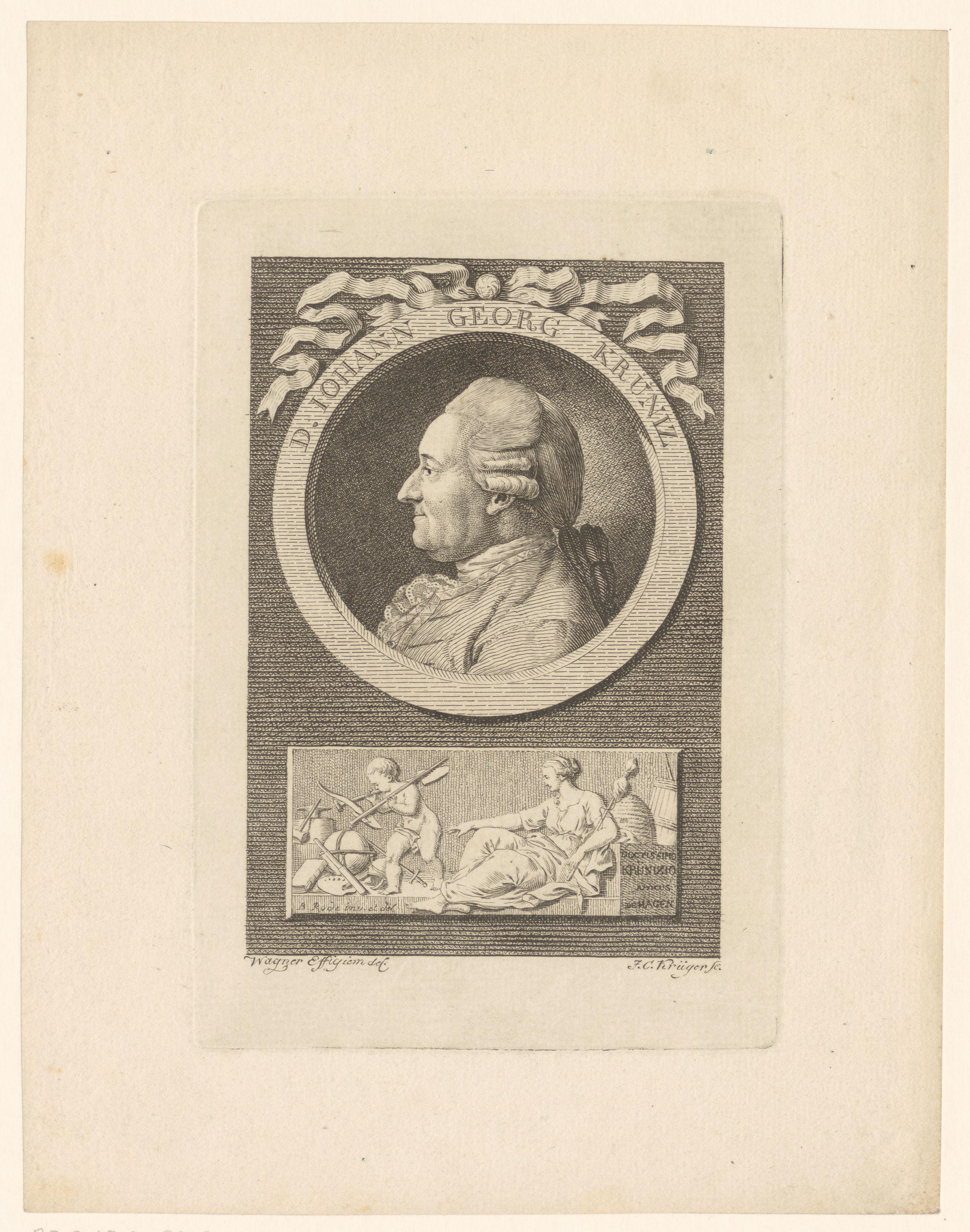 Portret van Johann Georg Krünitz en allegorie op de zeven vrije kunsten