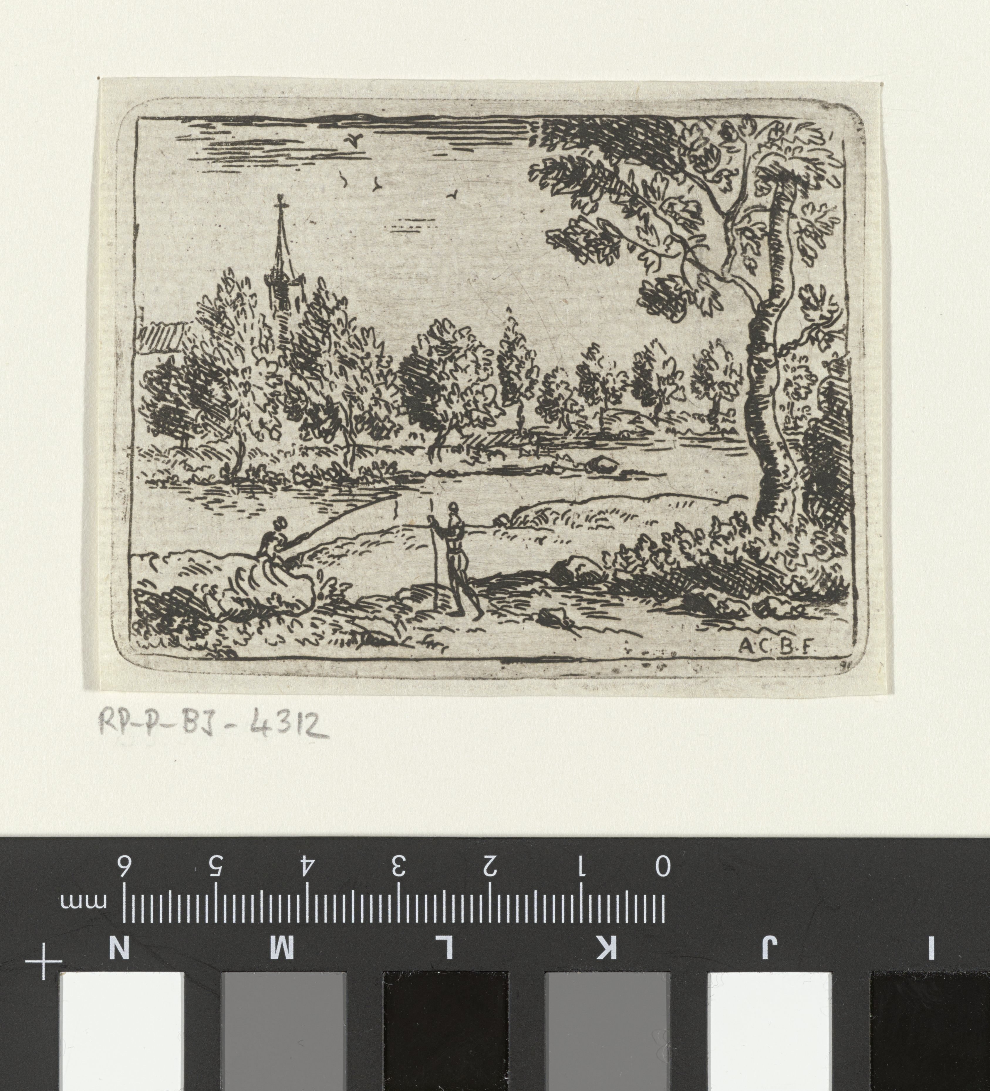 Landschap met kerk en hengelaar