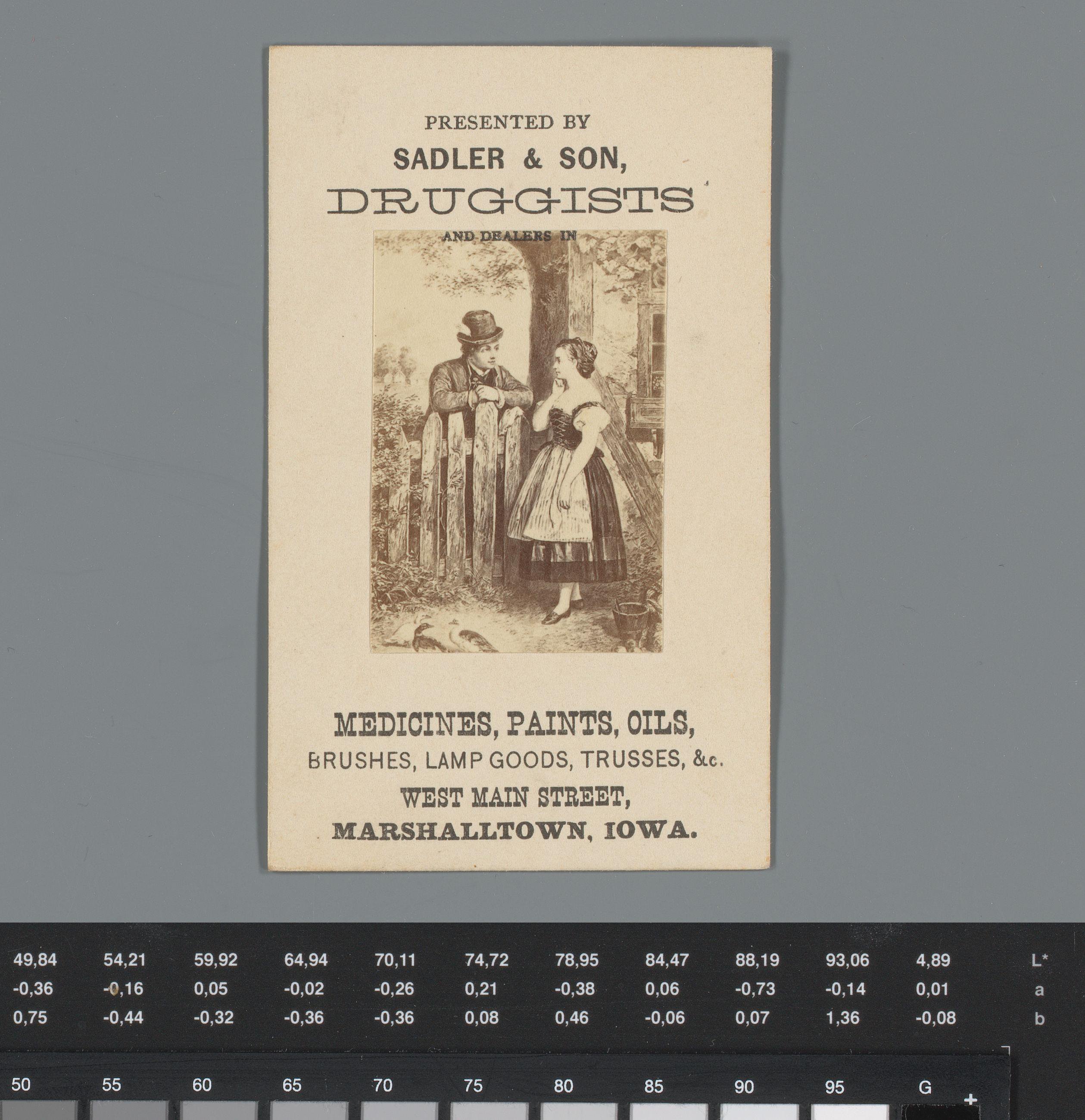 Reclame voor drogisterij Sadler & Son te Marshalltown met reproductie van een prent van een man die een vrouw het hof maakt bij een tuinhek