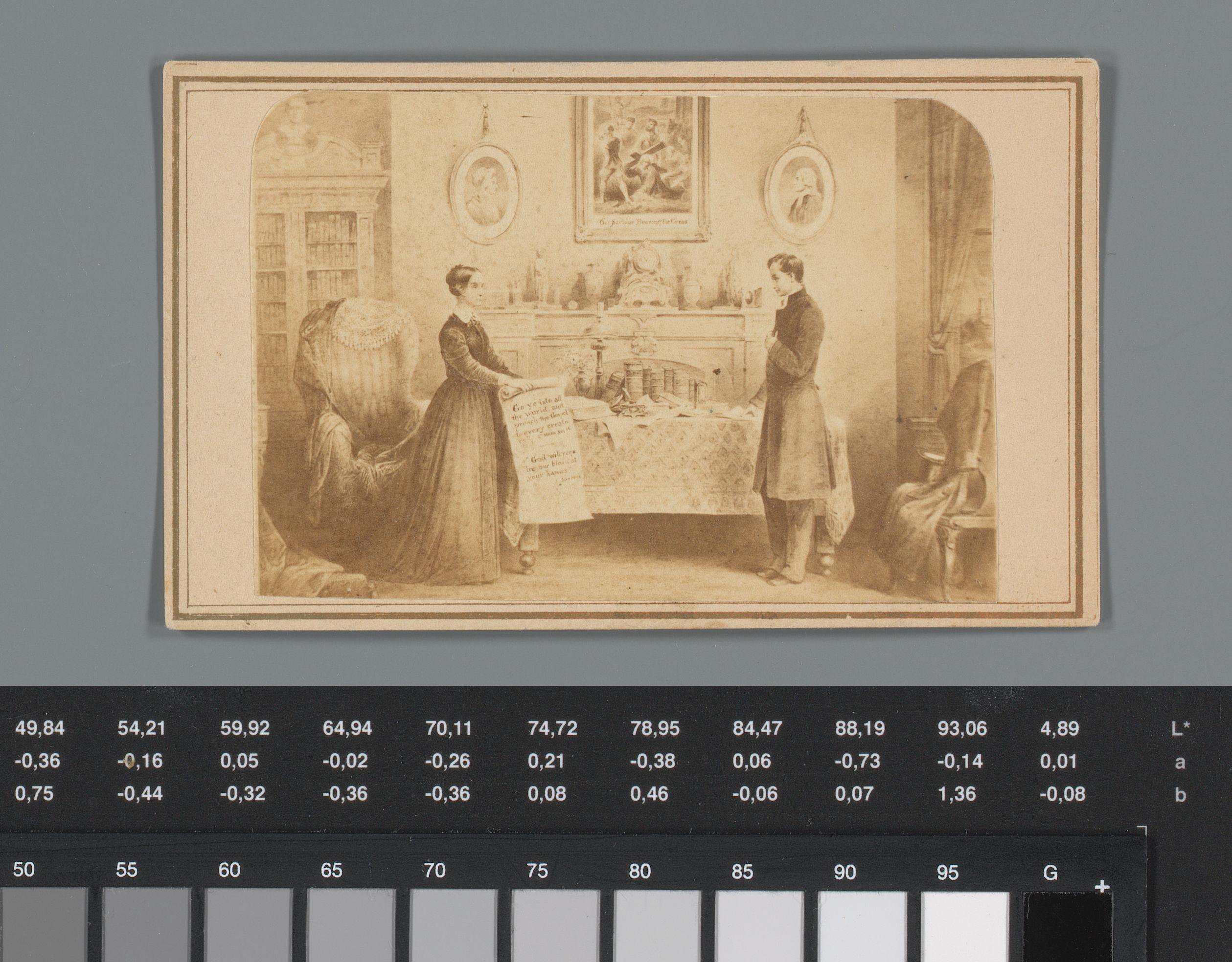 Oproep aan van de American Methodist Ladies' Centenary Association om te doneren aan de kerk met reproductie van een prent van een vrouw dat gebed ophoudt voor een man in een woonkamer