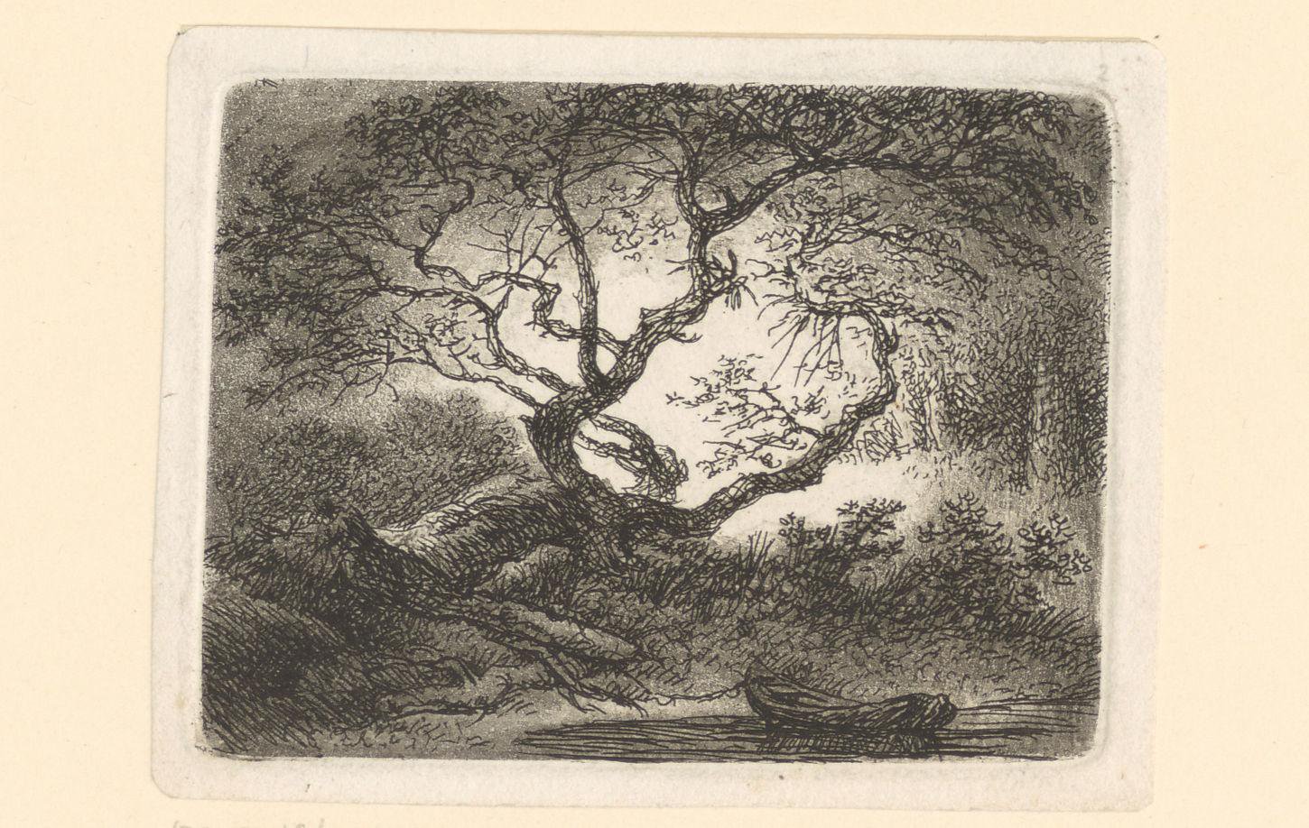 Landschap met boom en aangemeerde boot