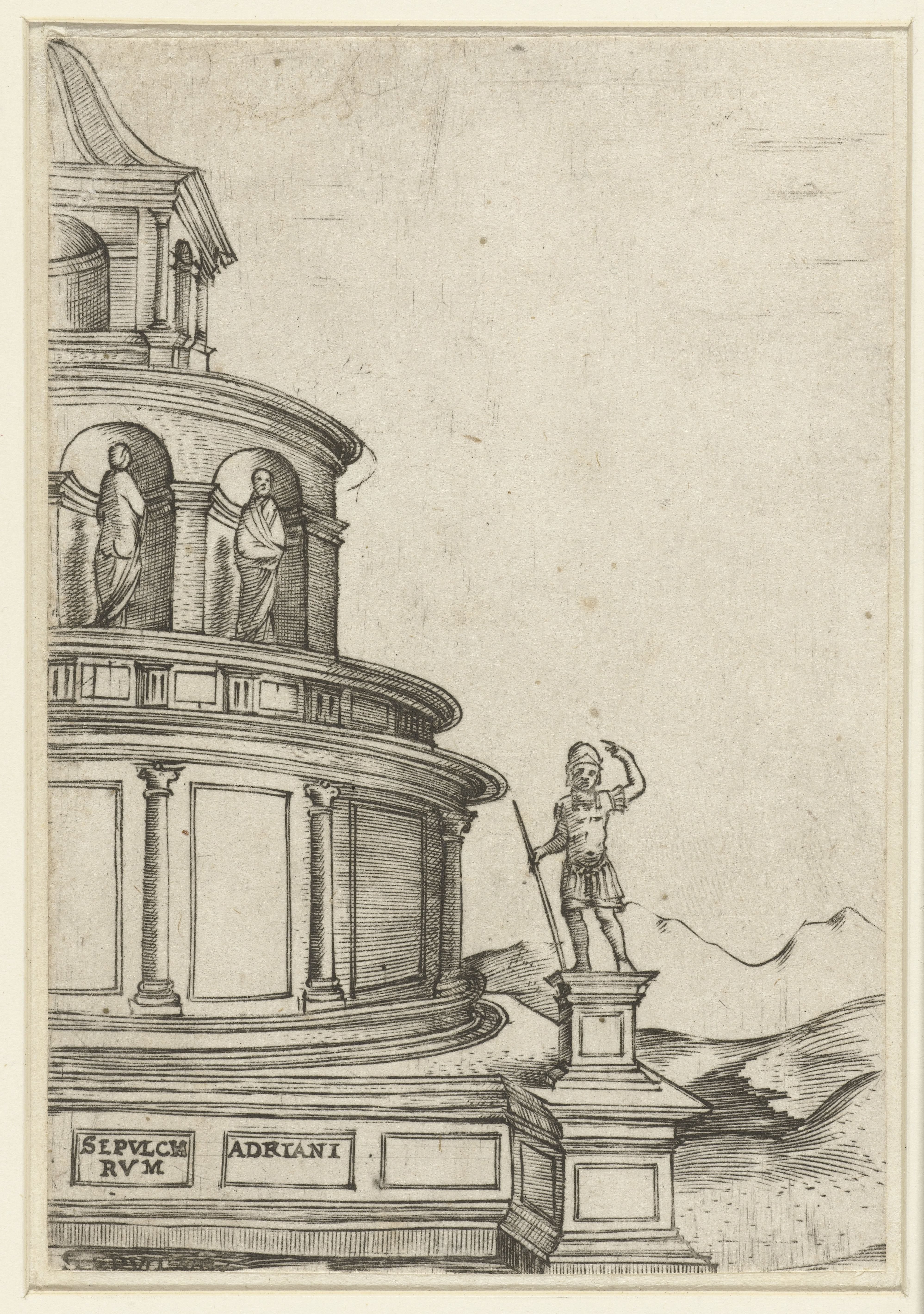 Deel van het exterieur van een klassiek mausoleum (Engelenburcht te Rome)
