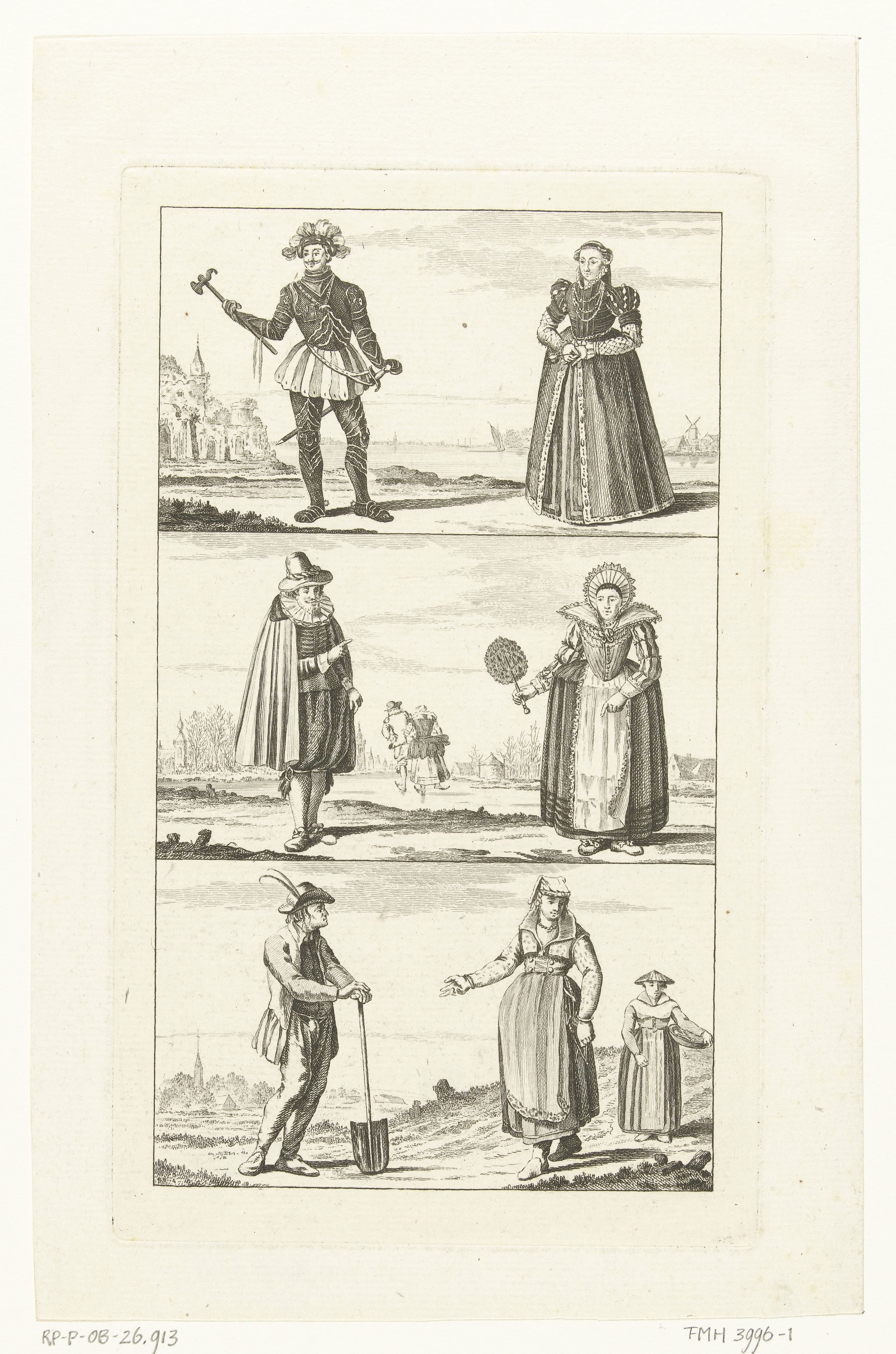 Drie landschappen met mannen en vrouwen in Hollandse klederdrachten, ca. 1775