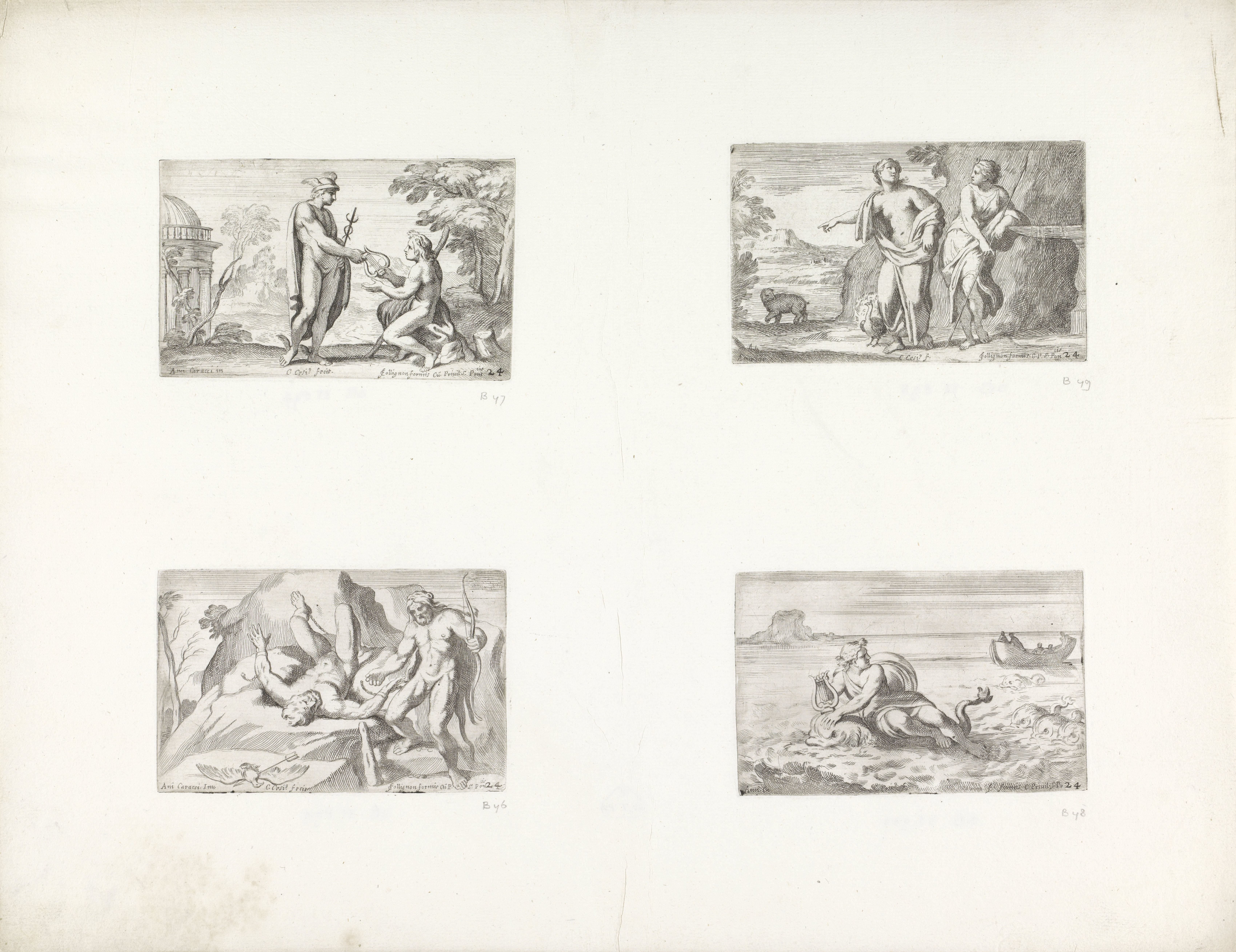 Mercurius geeft een lier aan Apollo / Juno wijst Diana op de in een beer veranderde Callisto / Hercules bevrijdt Prometheus / Arion door een dolfijn in veiligheid gebracht