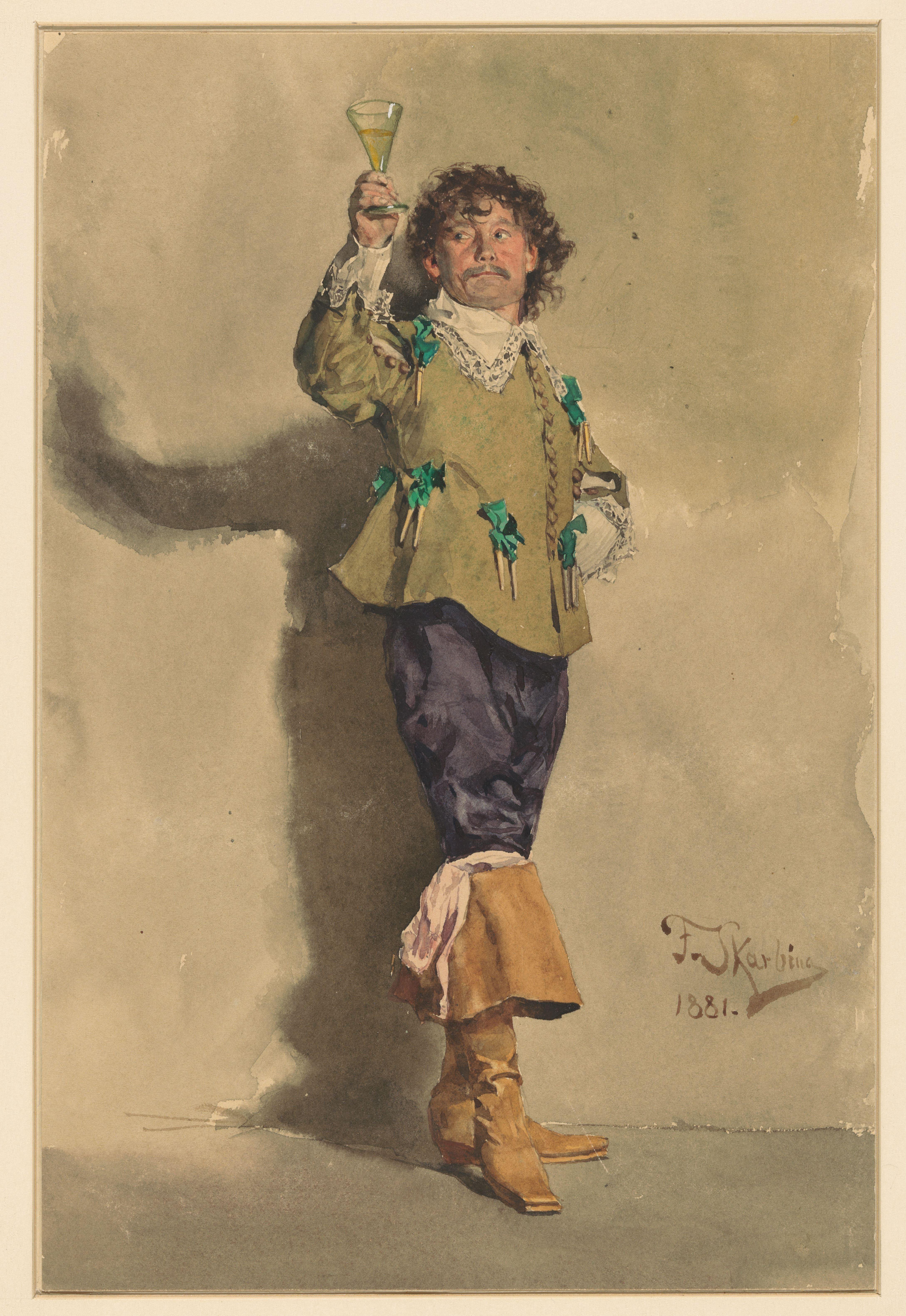 Man in Louis XIII-kledij, staande ten voeten uit, driekwart naar rechts, een glas wijn heffend