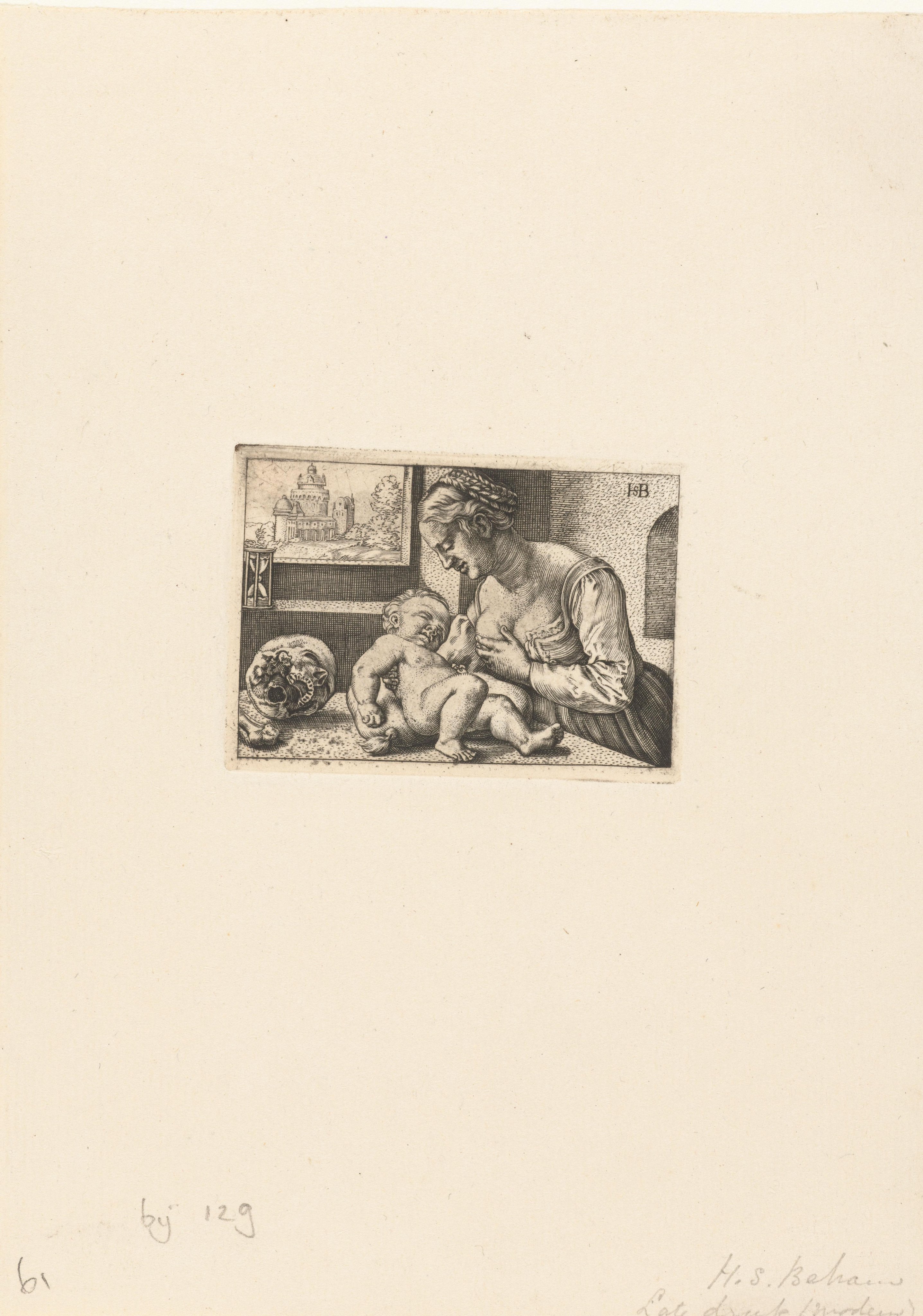 Maria geeft kind de borst en schedel