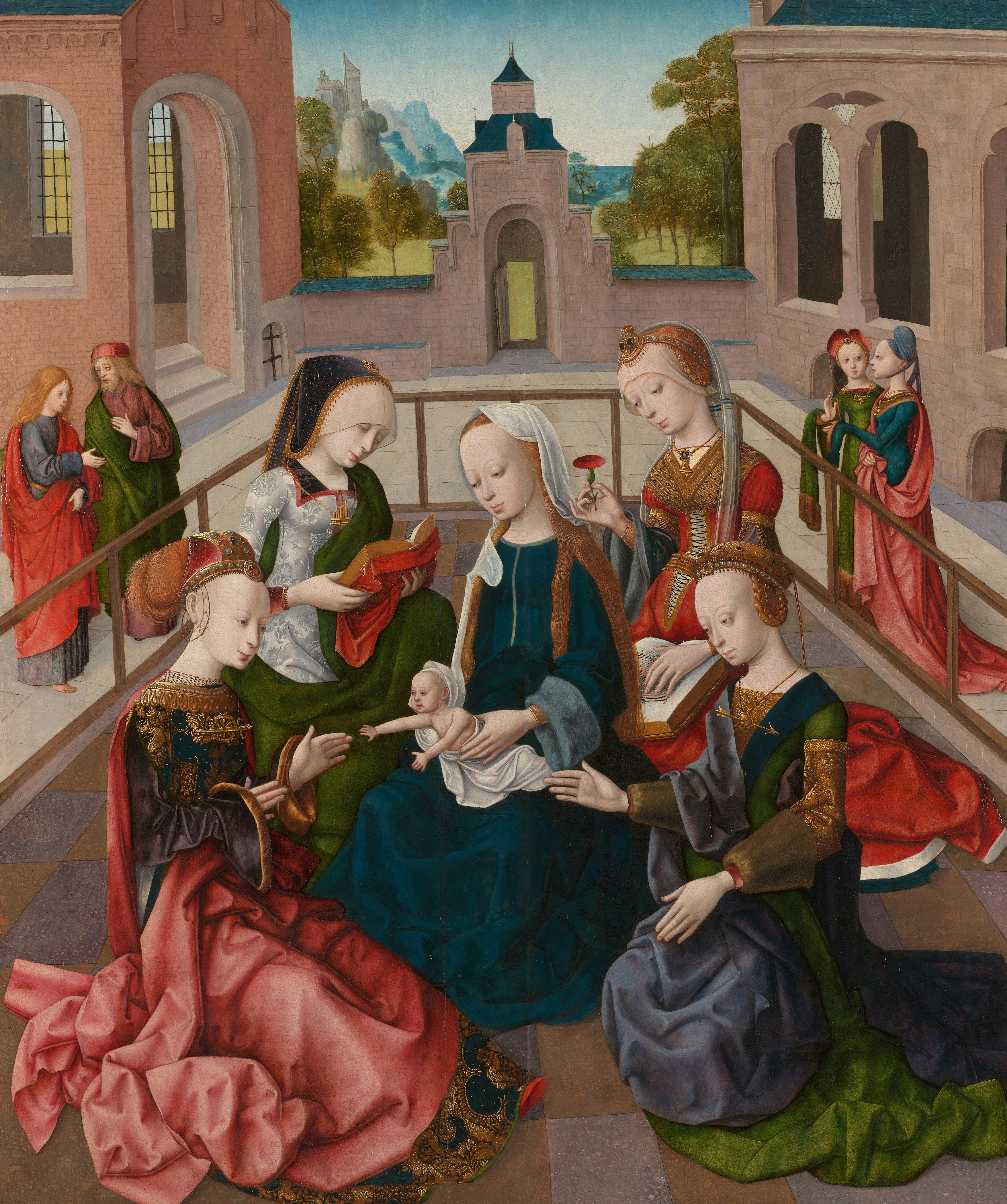 Maria met Jezus en vier heilige maagden
