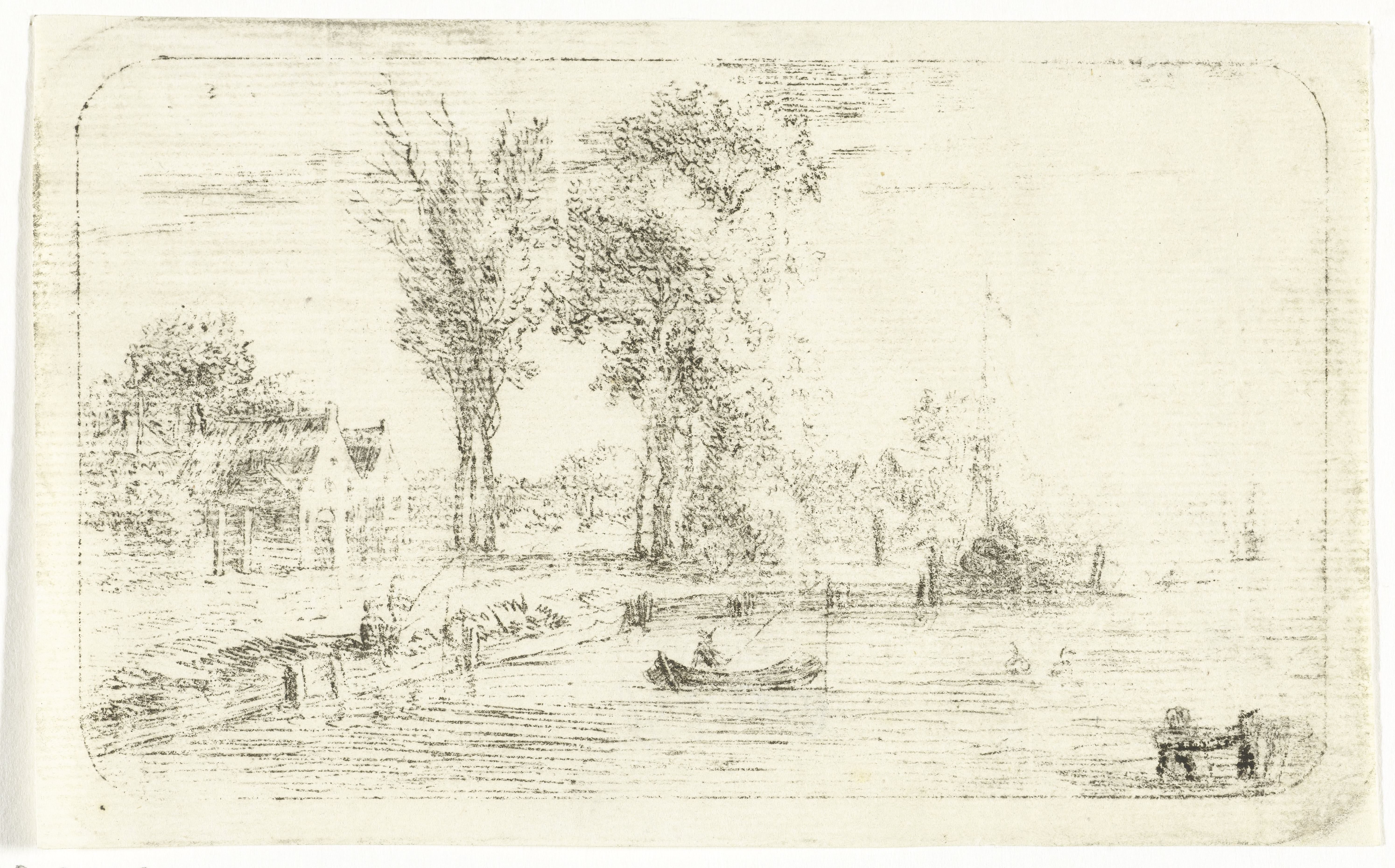 Rivierlandschap met hengelaar in een bootje
