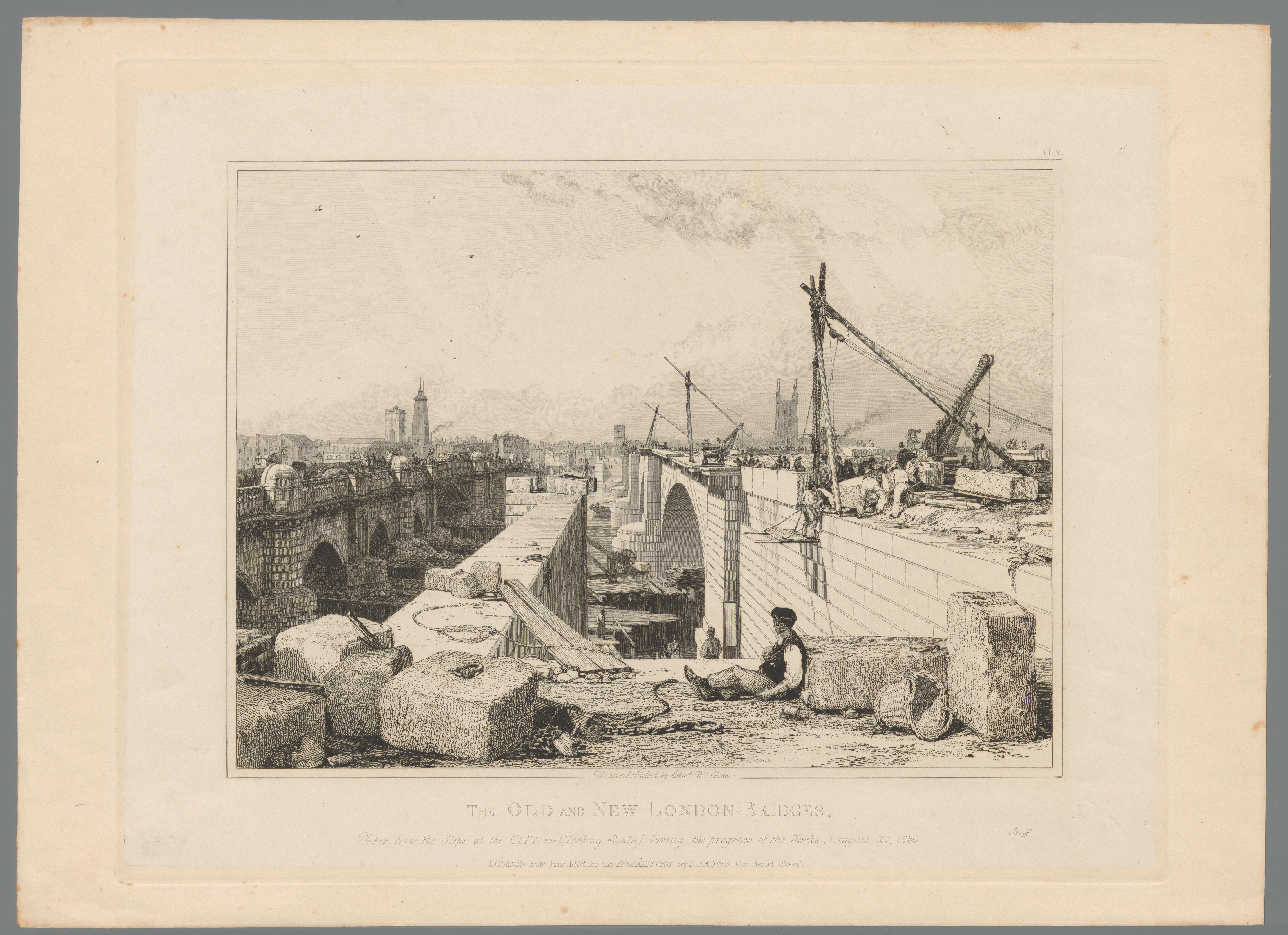 Bouw van de nieuwe London Bridge met links de oude brug, 1830