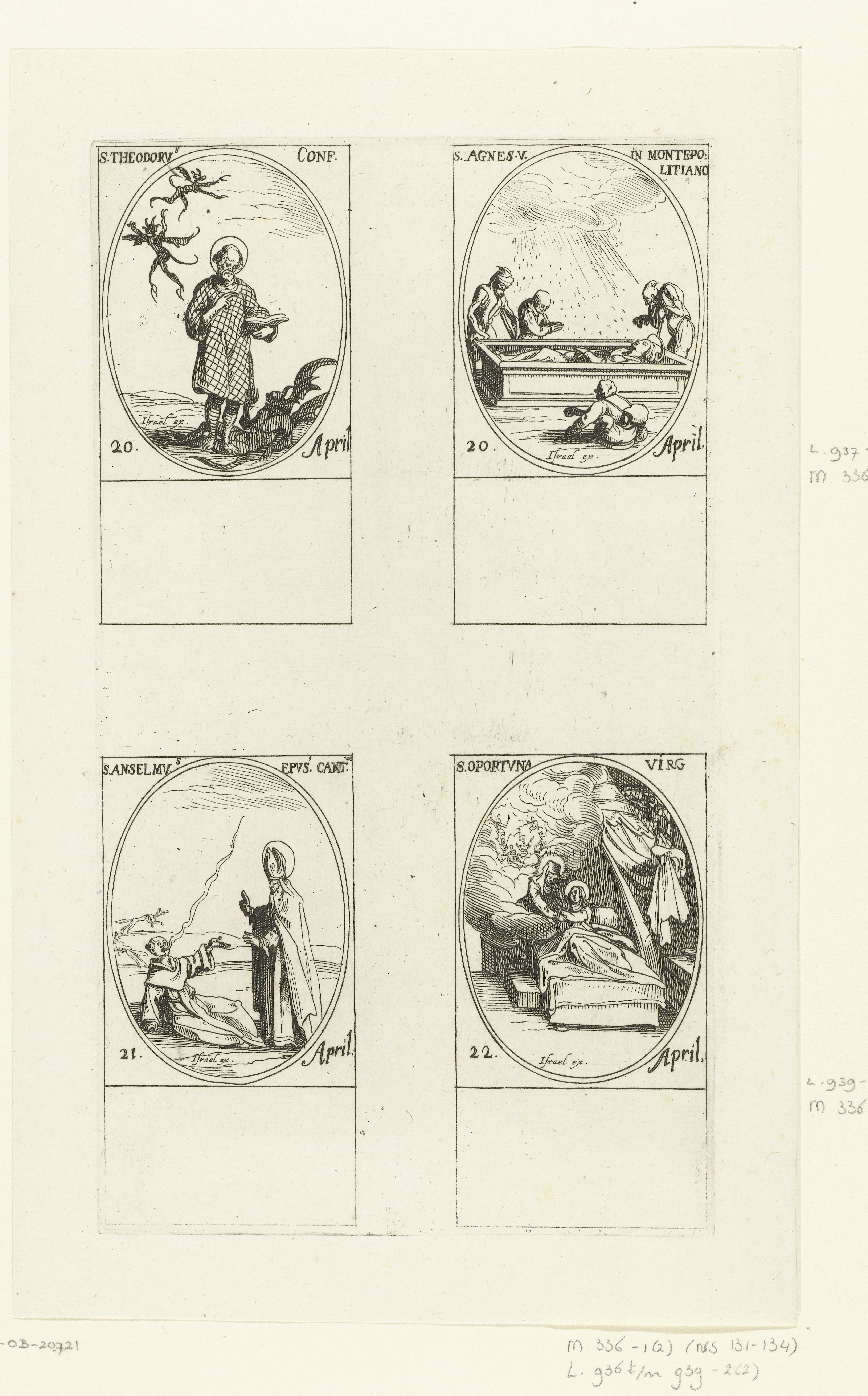 Heilige Theodorus Trichinas, Heilige Agnes van Montepulciano, Heilige Anselmus van Canterbury, Heilige Opportuna van Montreuil (20-22 april)