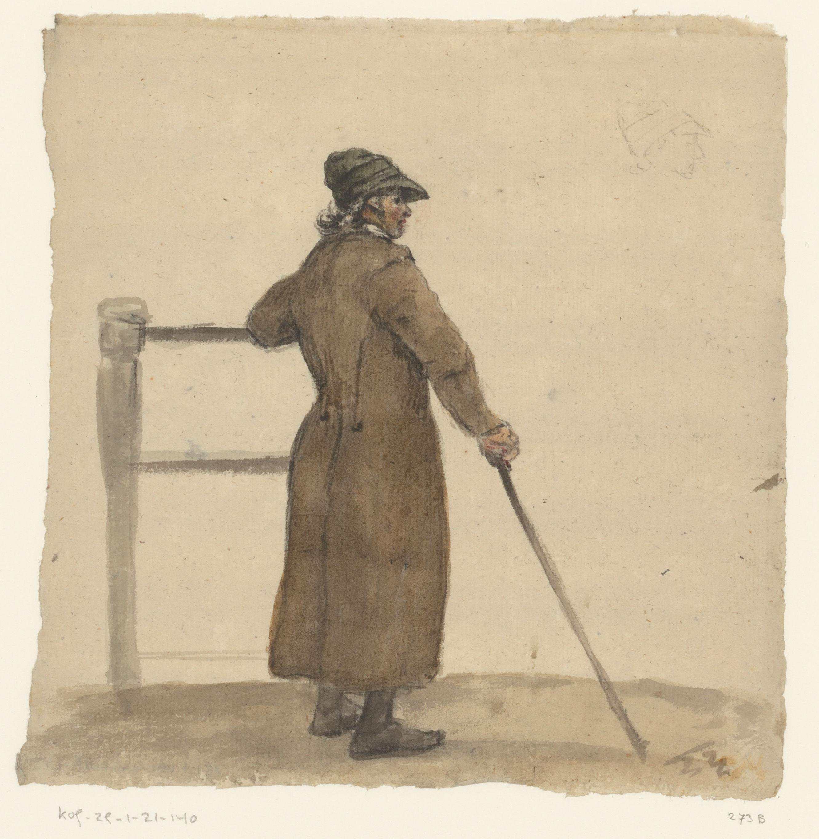 Man met zijn hand op een reling met wandelstok