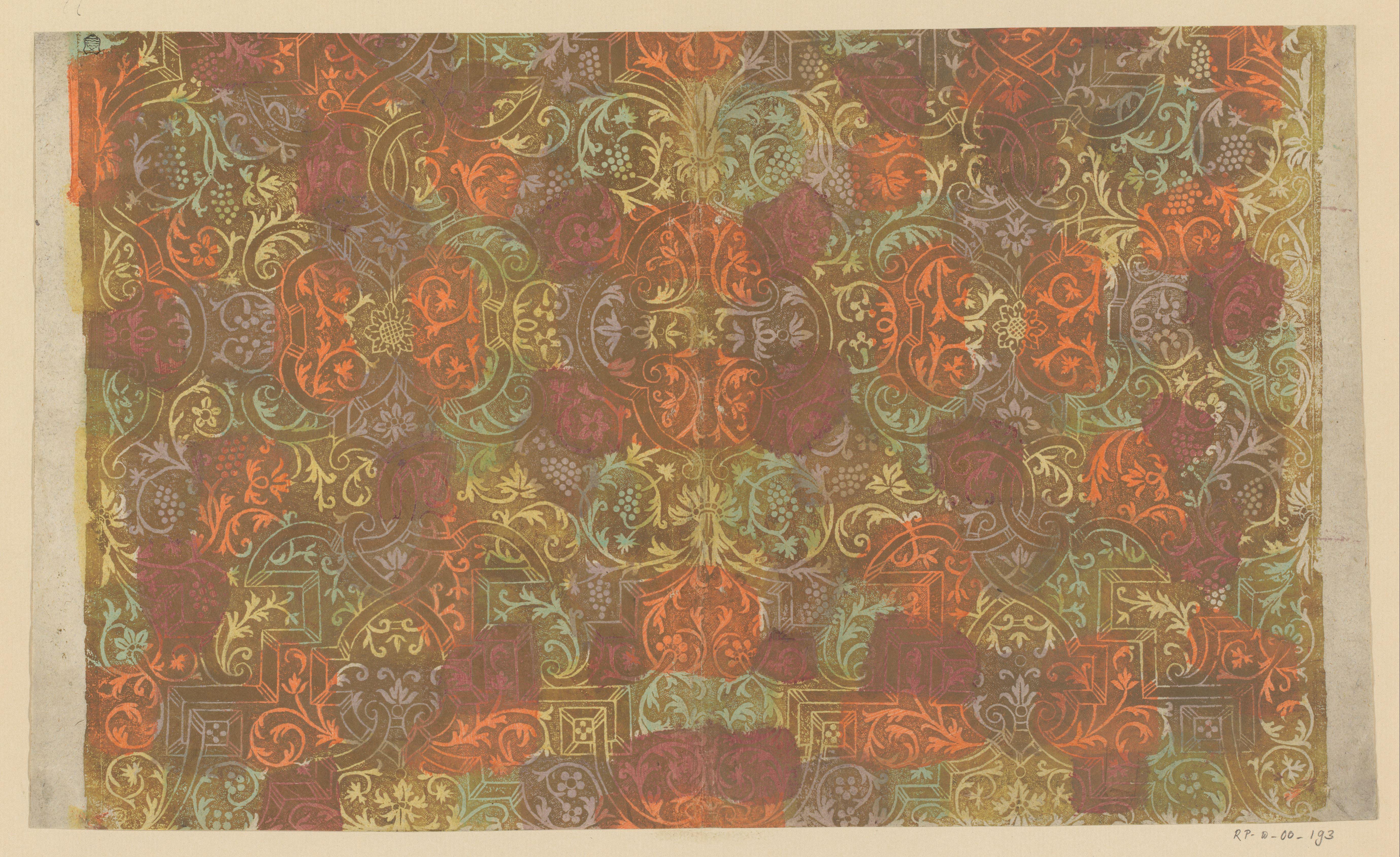 Blad met Lodewijk XIV-ornament, bandwerk, ranken met vruchten