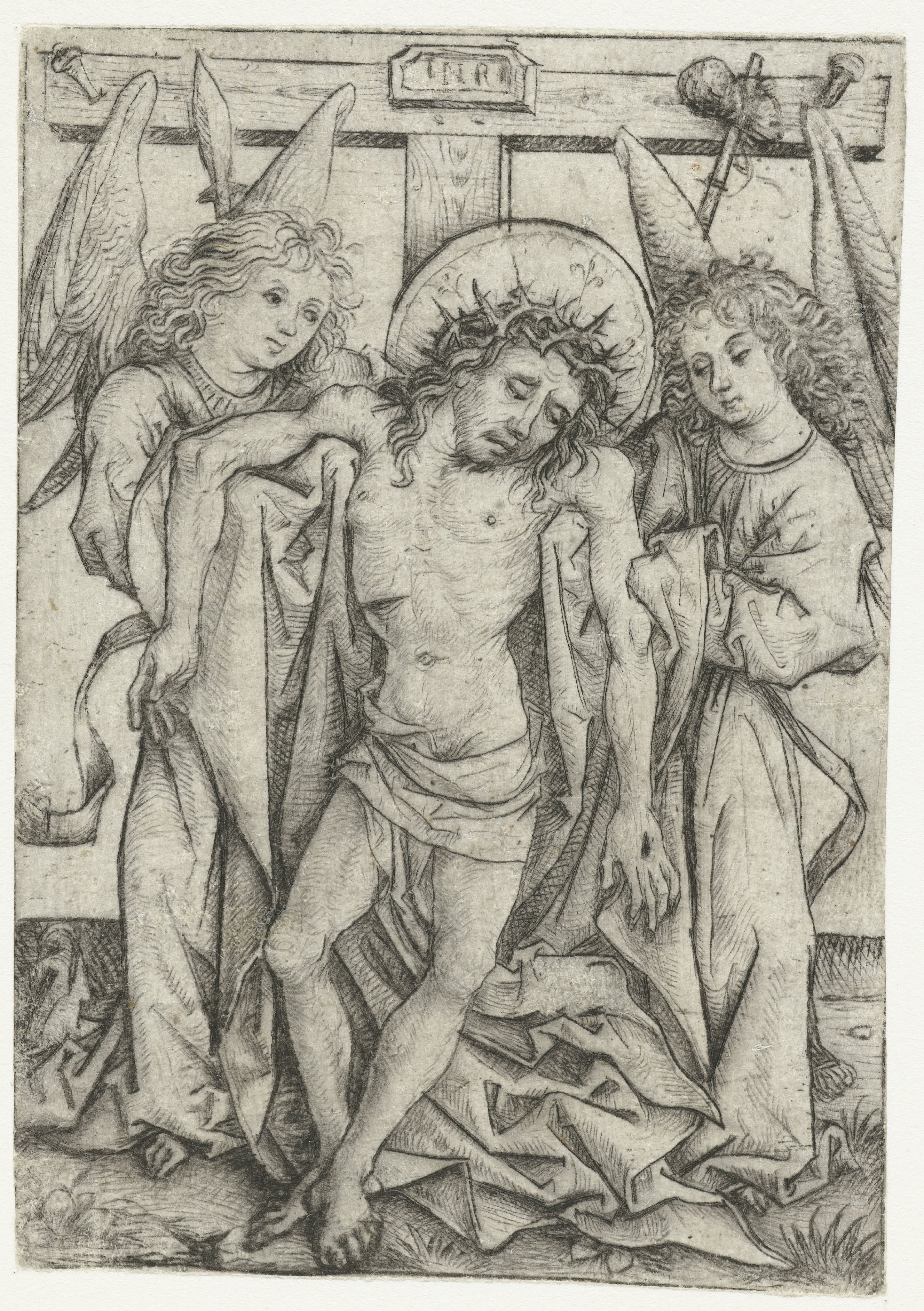 Het lichaam van Christus ondersteund door twee engelen