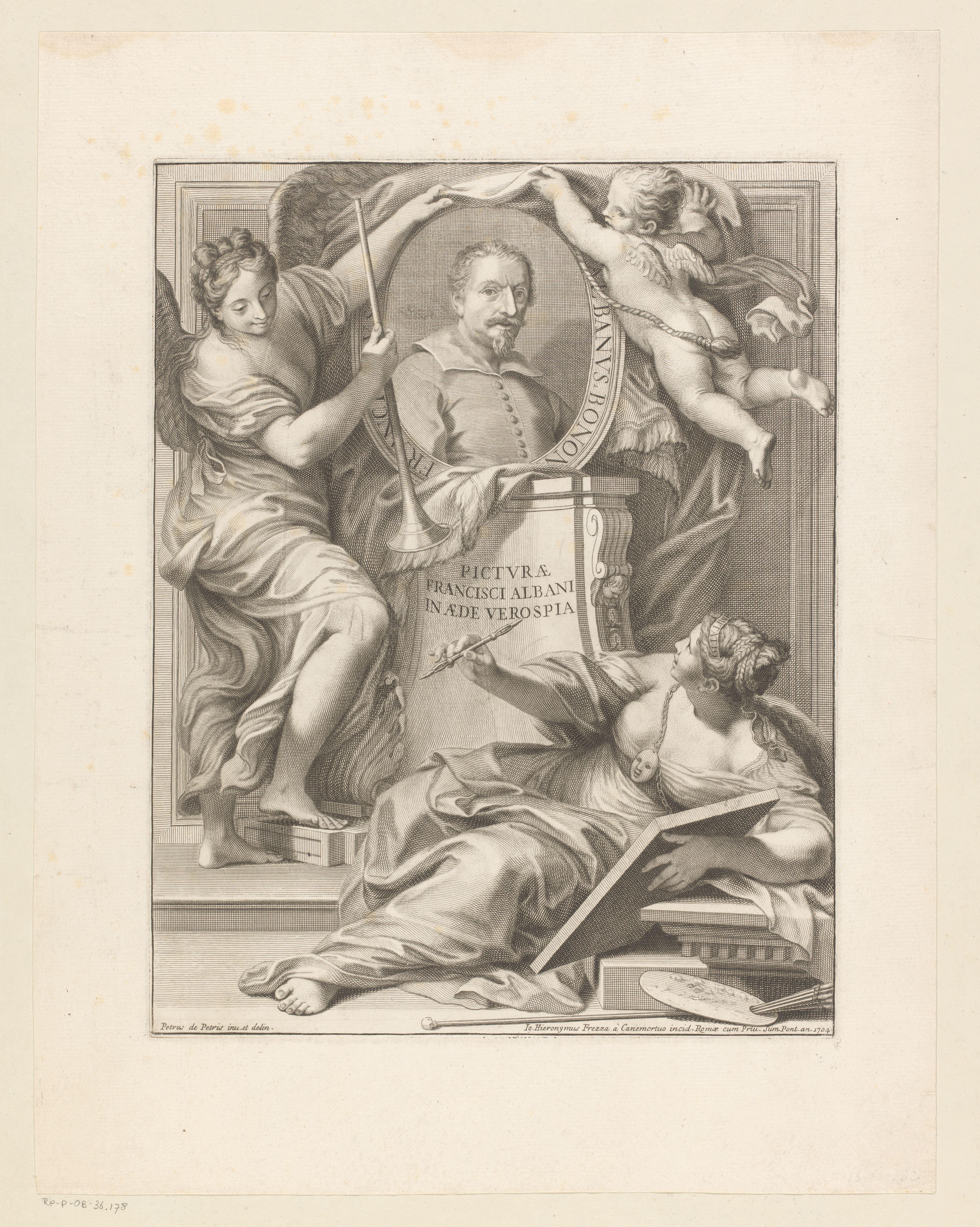 Titelprent met portret van schilder Francesco Albani met engelen en de personificatie van de schilderkunst