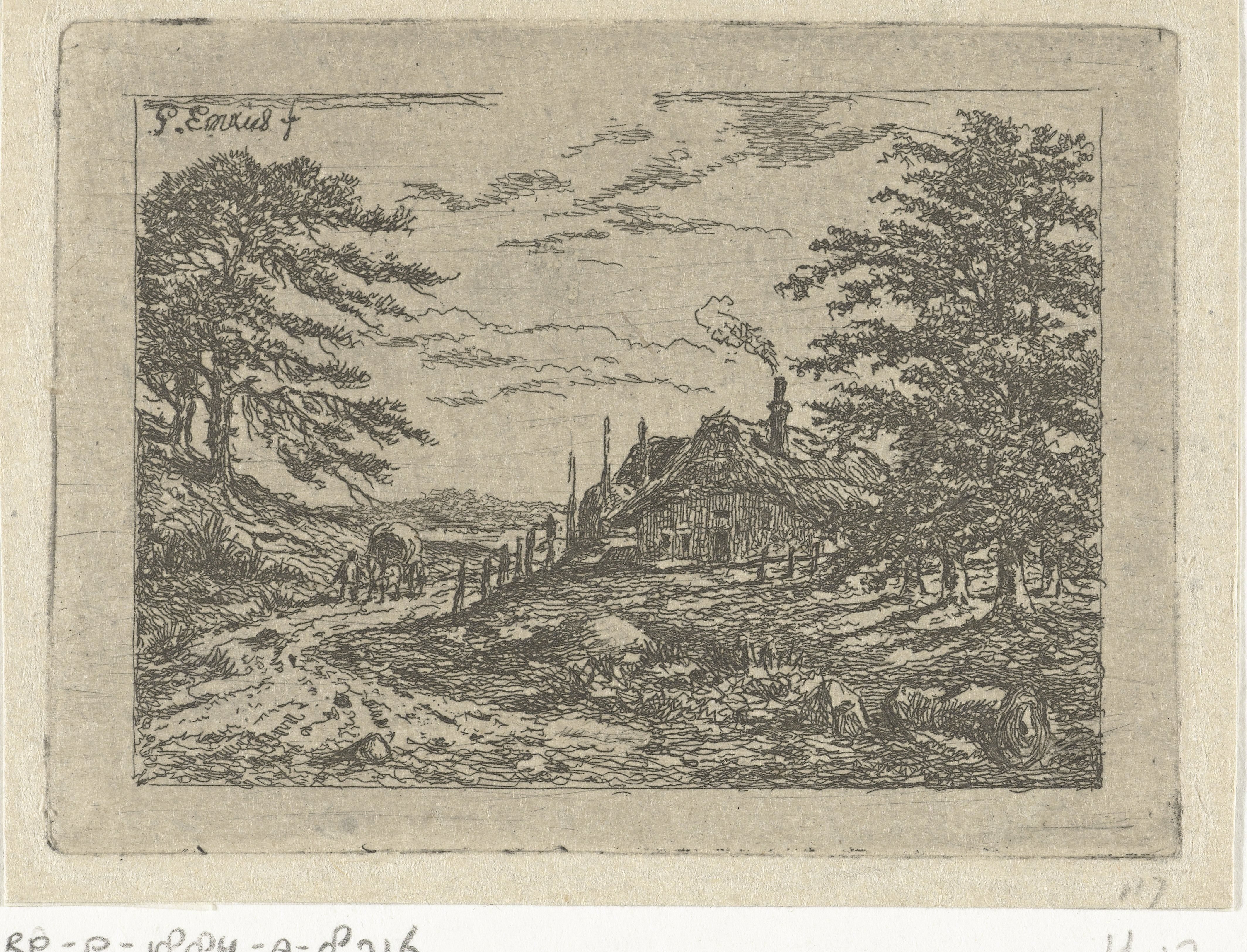 Landschap met boerderij en paard en wagen