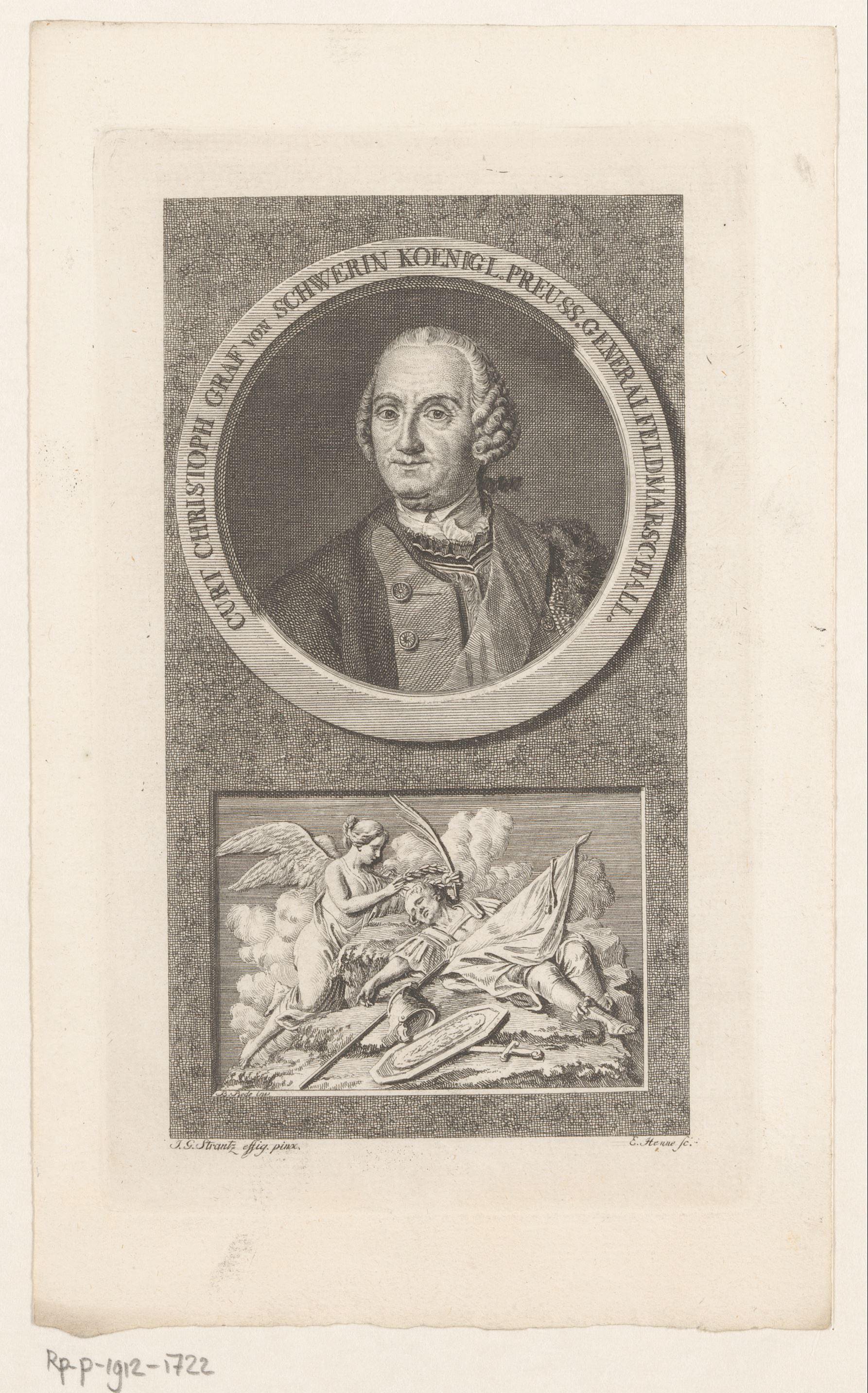 Portret van Kurd Christoph von Schwerin en een allegorie op sterven op het slagveld