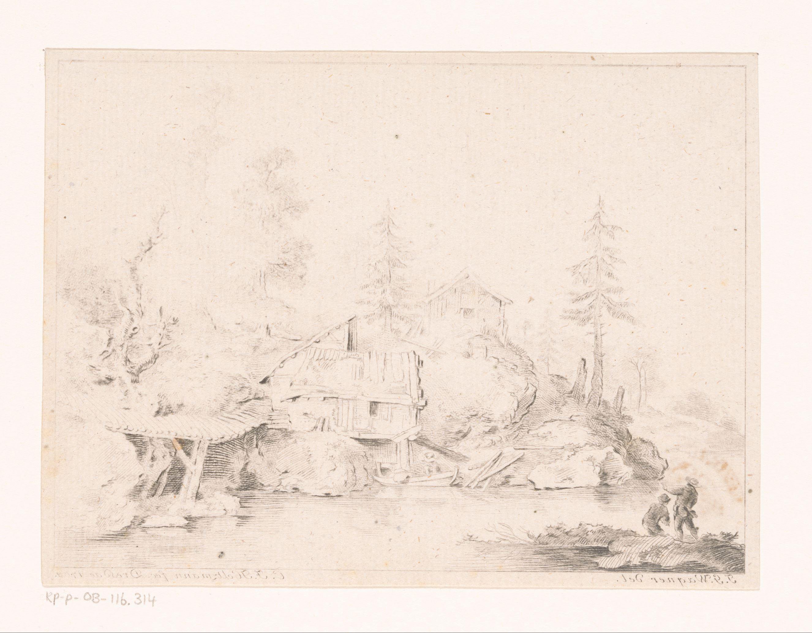 Heuvellandschap met twee hutten aan water