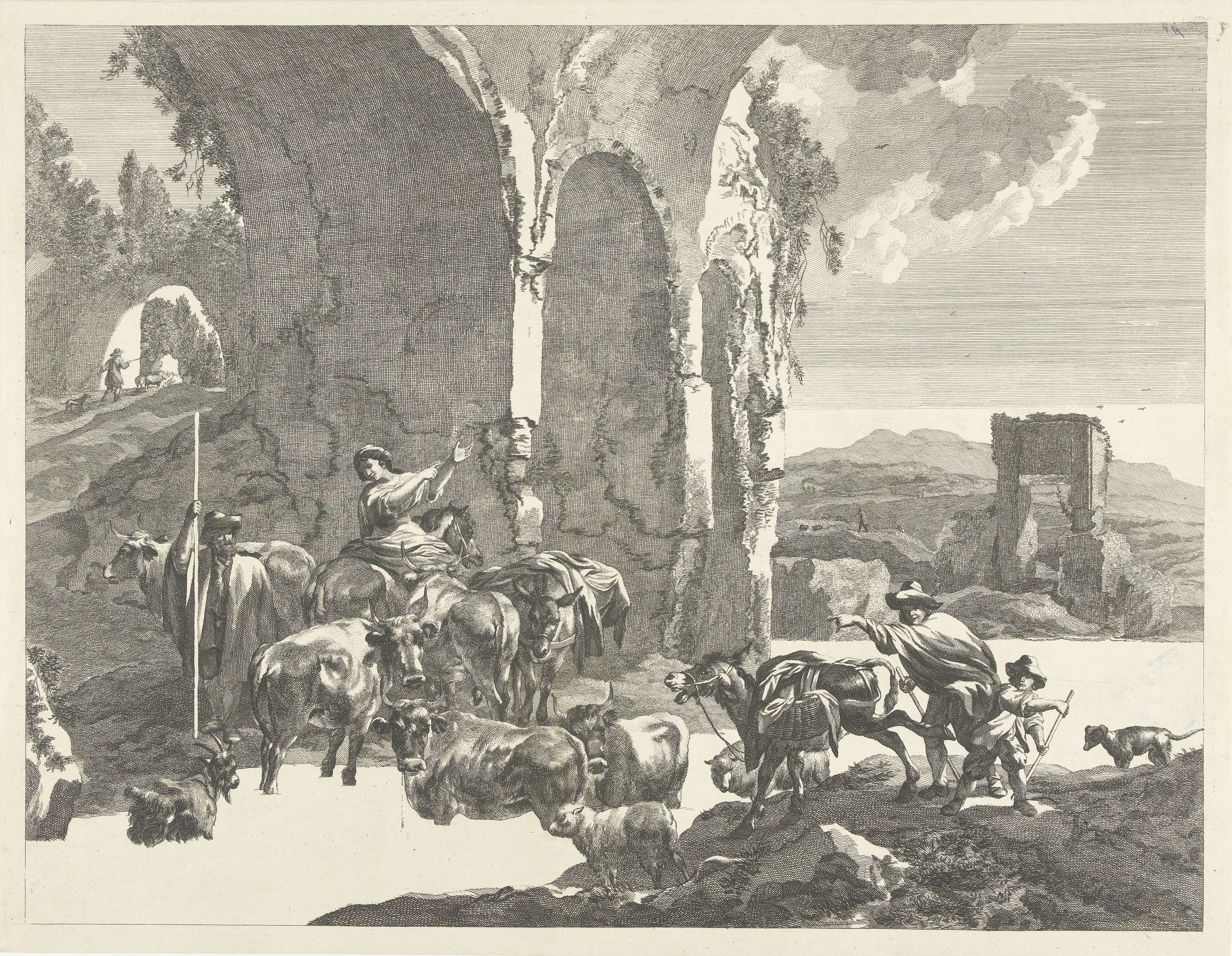 Italianiserend landschap met herders en vee