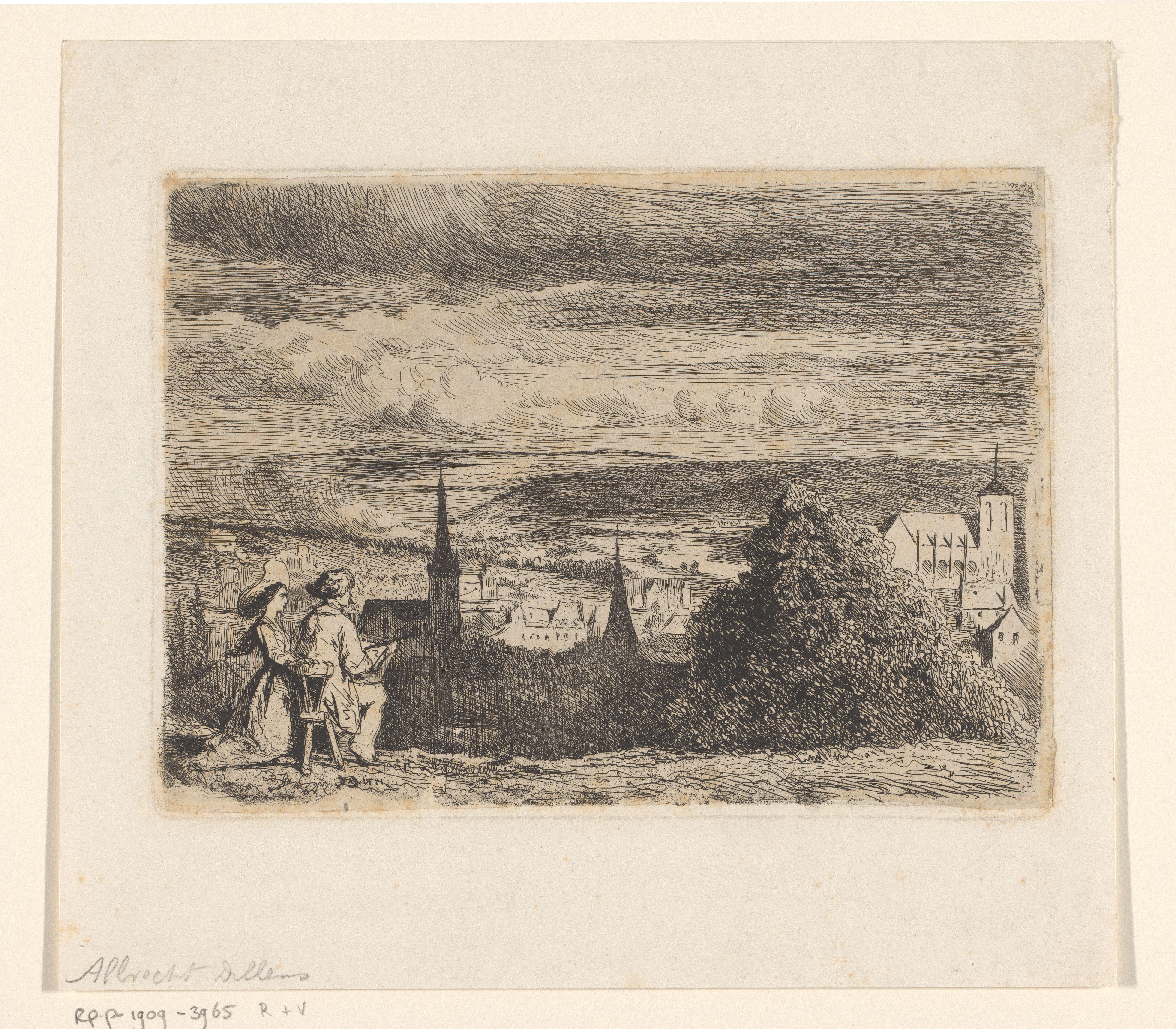 Landschap met vrouw en kunstenaar die de lager gelegen stad tekent