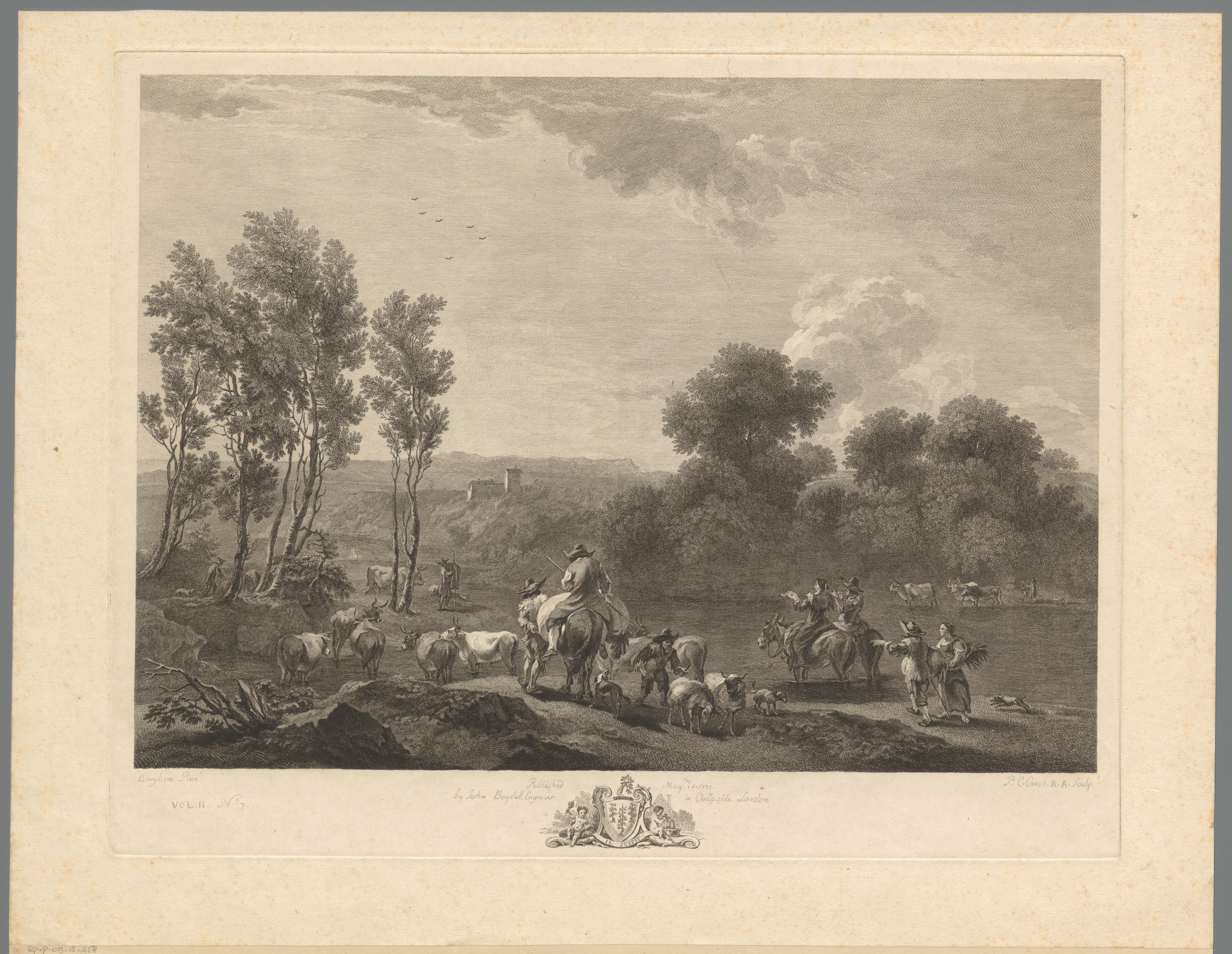 Landschap met herders en reizigers aan een oever
