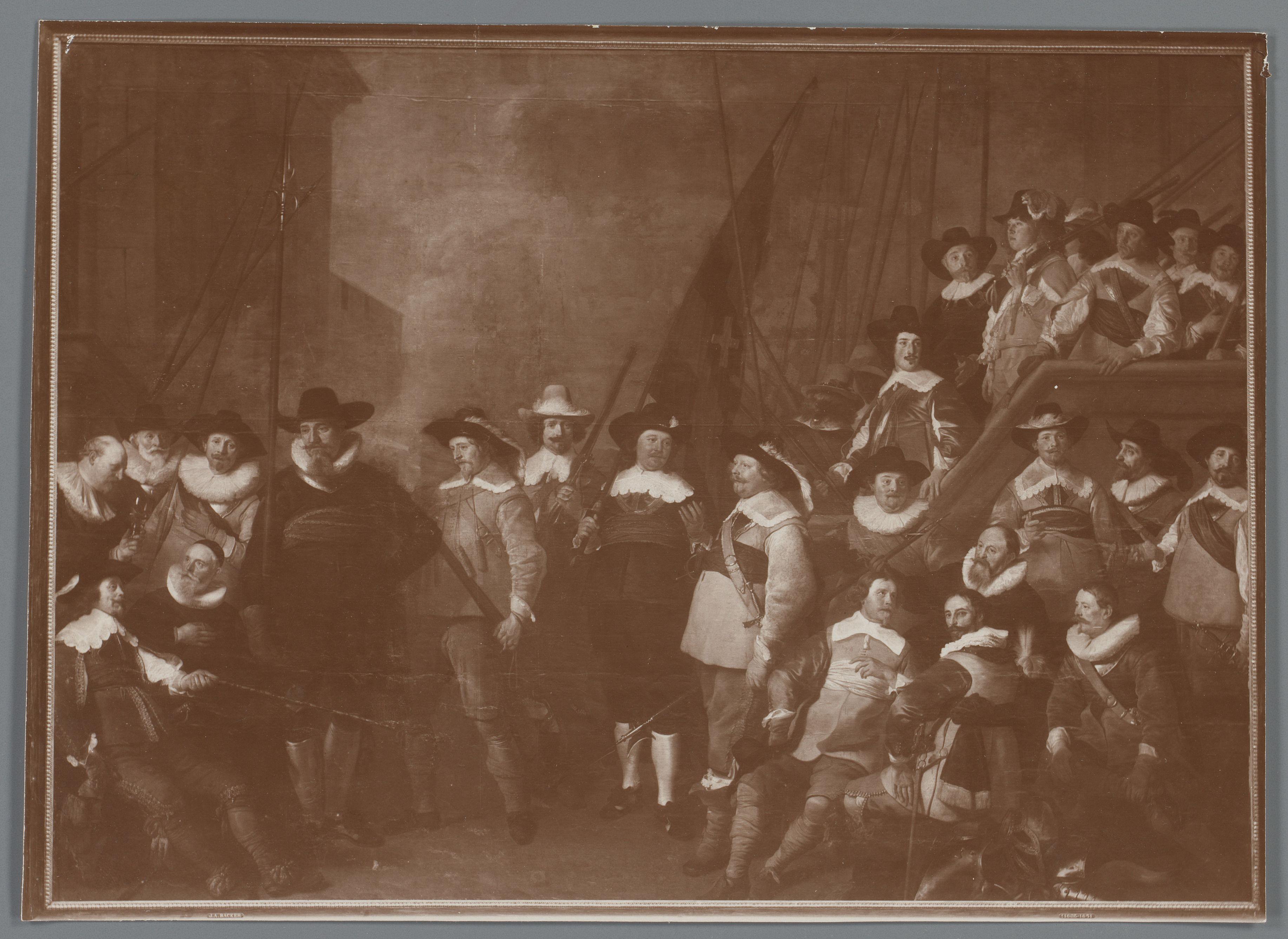 Fotoreproductie van schilderij van Officieren en andere schutters van wijk V in Amsterdam, door Jacob Adriaensz. Backer