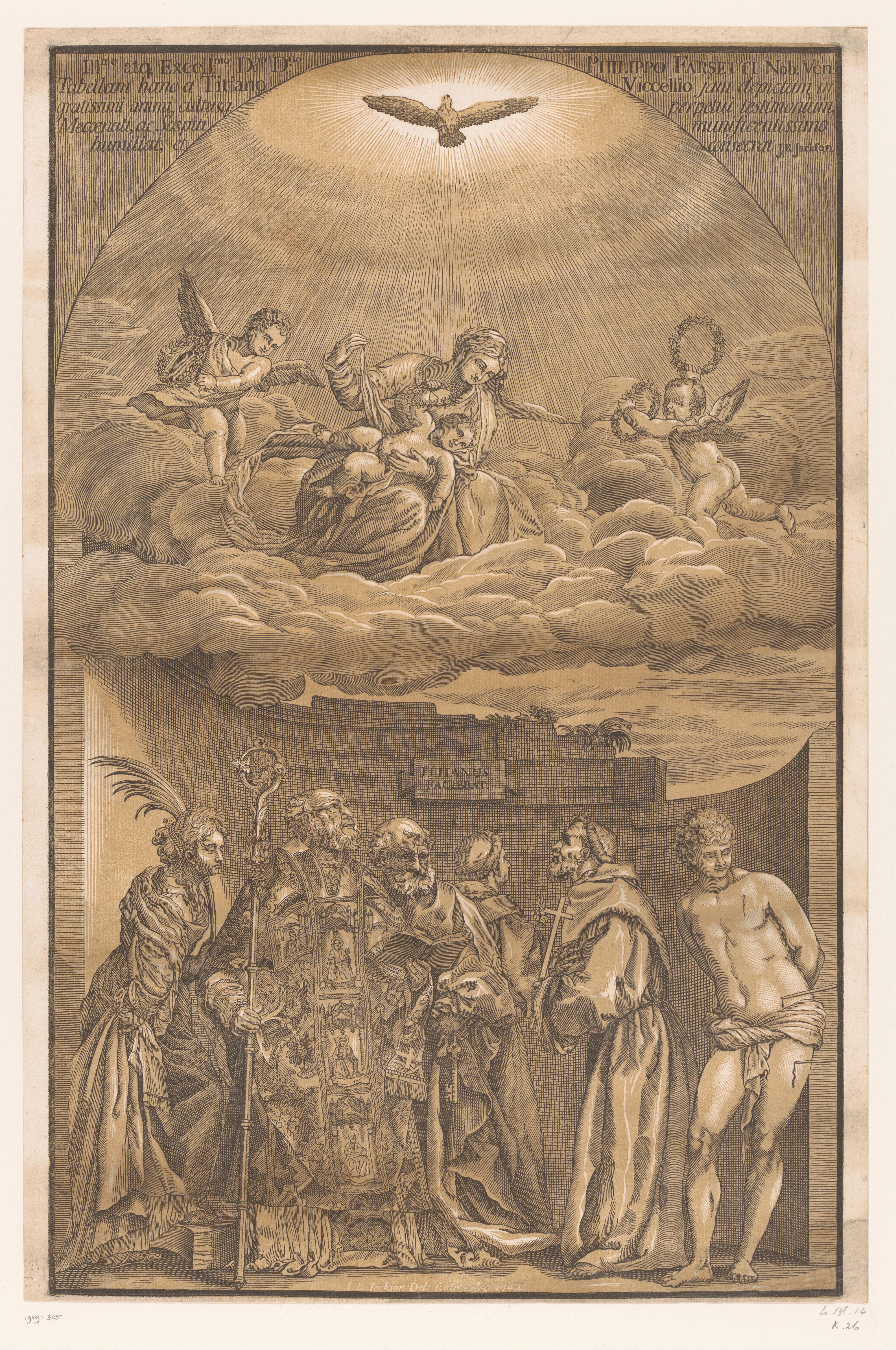 Maria in de wolken en zes heiligen