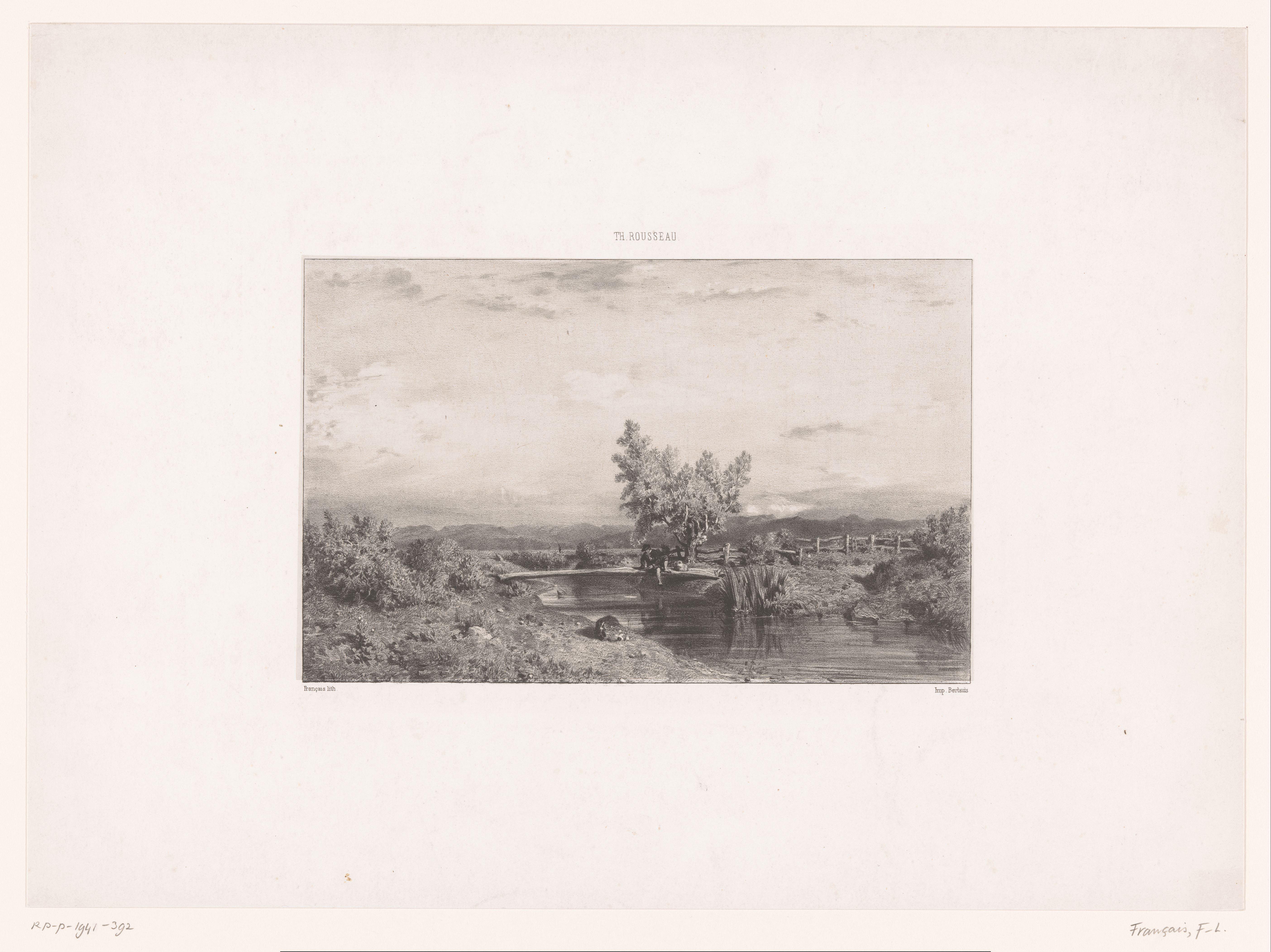 Landschap met visser bij een beek