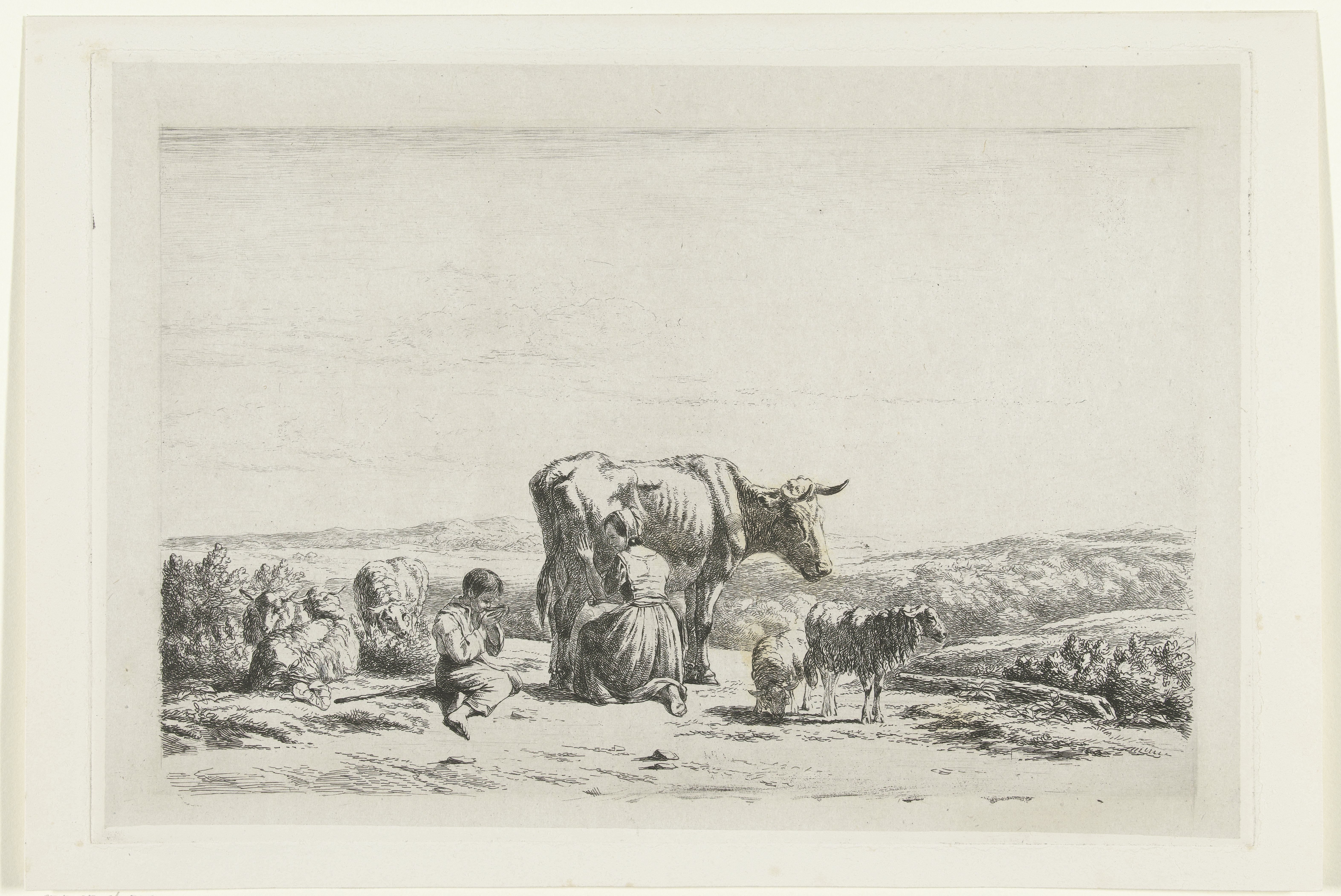 Landschap met vrouw die koe melkt en jongen met schapen